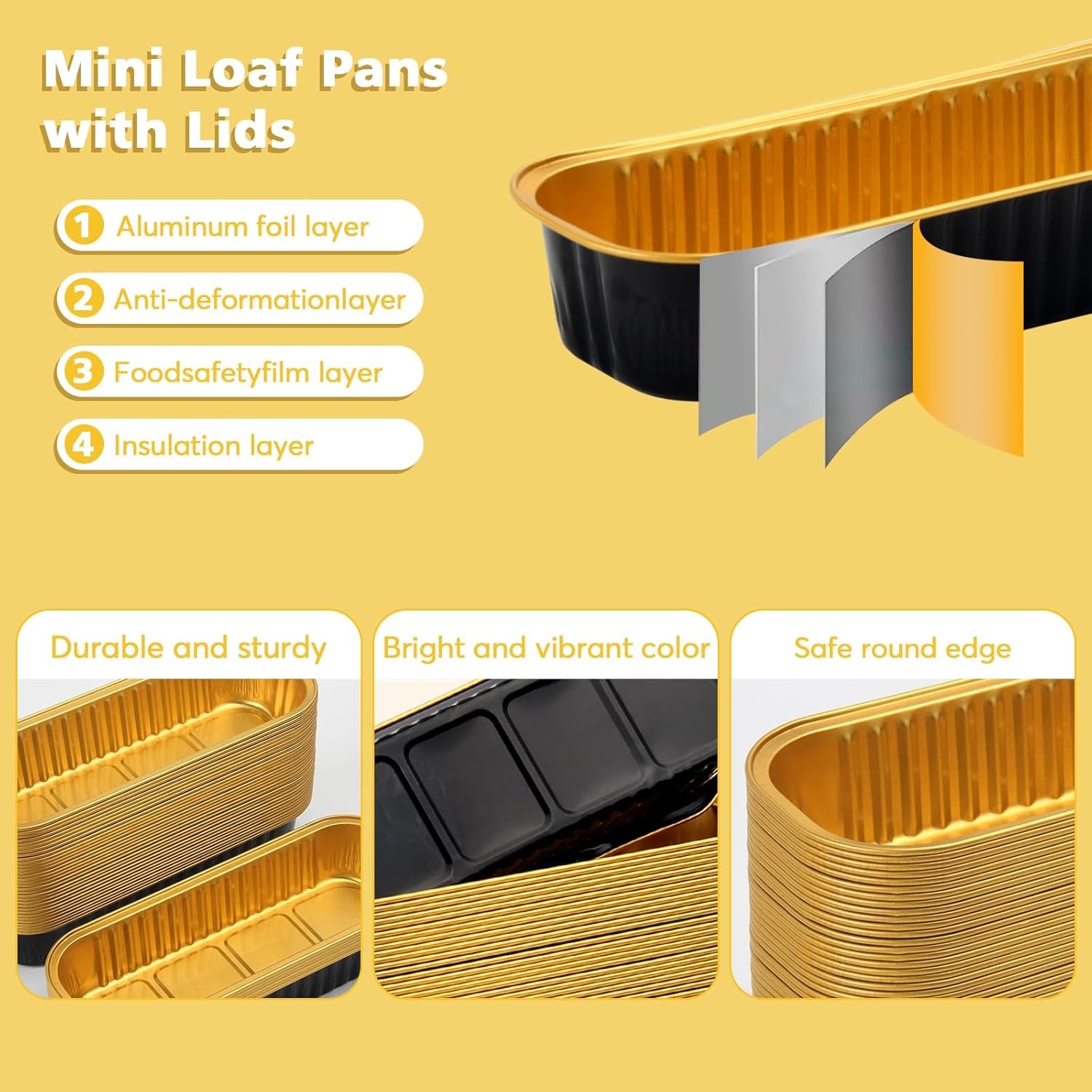 Großhandel 100 Stück Mini Brotform mit Deckel und Löffeln, rechteckige Einweg-Alufolienpfannen für Zuhause, Partys, Picknicks, Eigenmarke, Hersteller von hochwertigen Backformen (Schwarz Gold)