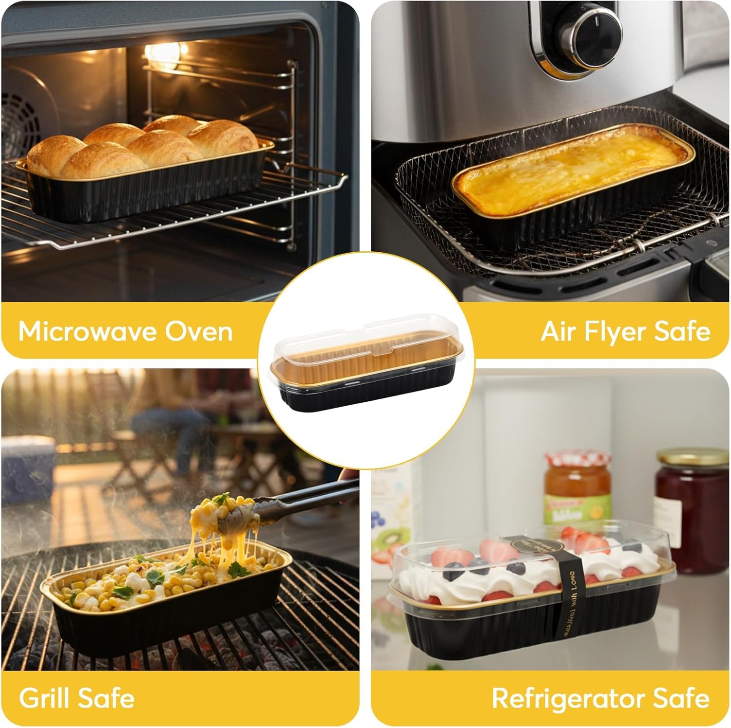 Großhandel 100 Stück Mini Brotform mit Deckel und Löffeln, rechteckige Einweg-Alufolienpfannen für Zuhause, Partys, Picknicks, Eigenmarke, Hersteller von hochwertigen Backformen (Schwarz Gold)