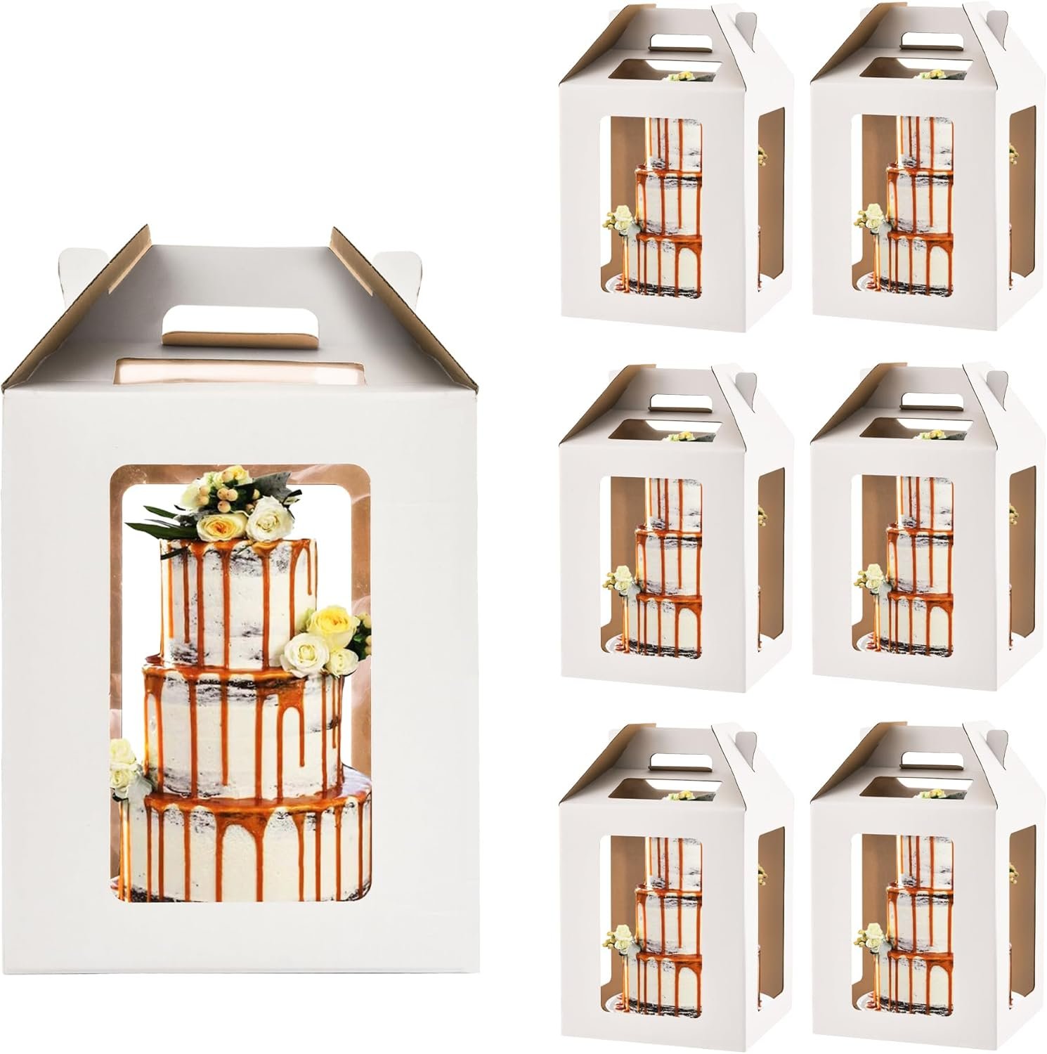 Großhandel 12 Zoll hohe Tortenboxen mit Fenstern 12x12x14 Torten-Träger für mehrstöckige Torten ideal für 10" & 12" mehrstöckige Torten 6er Pack - individuell bedruckbar vom Hersteller in Bulk.