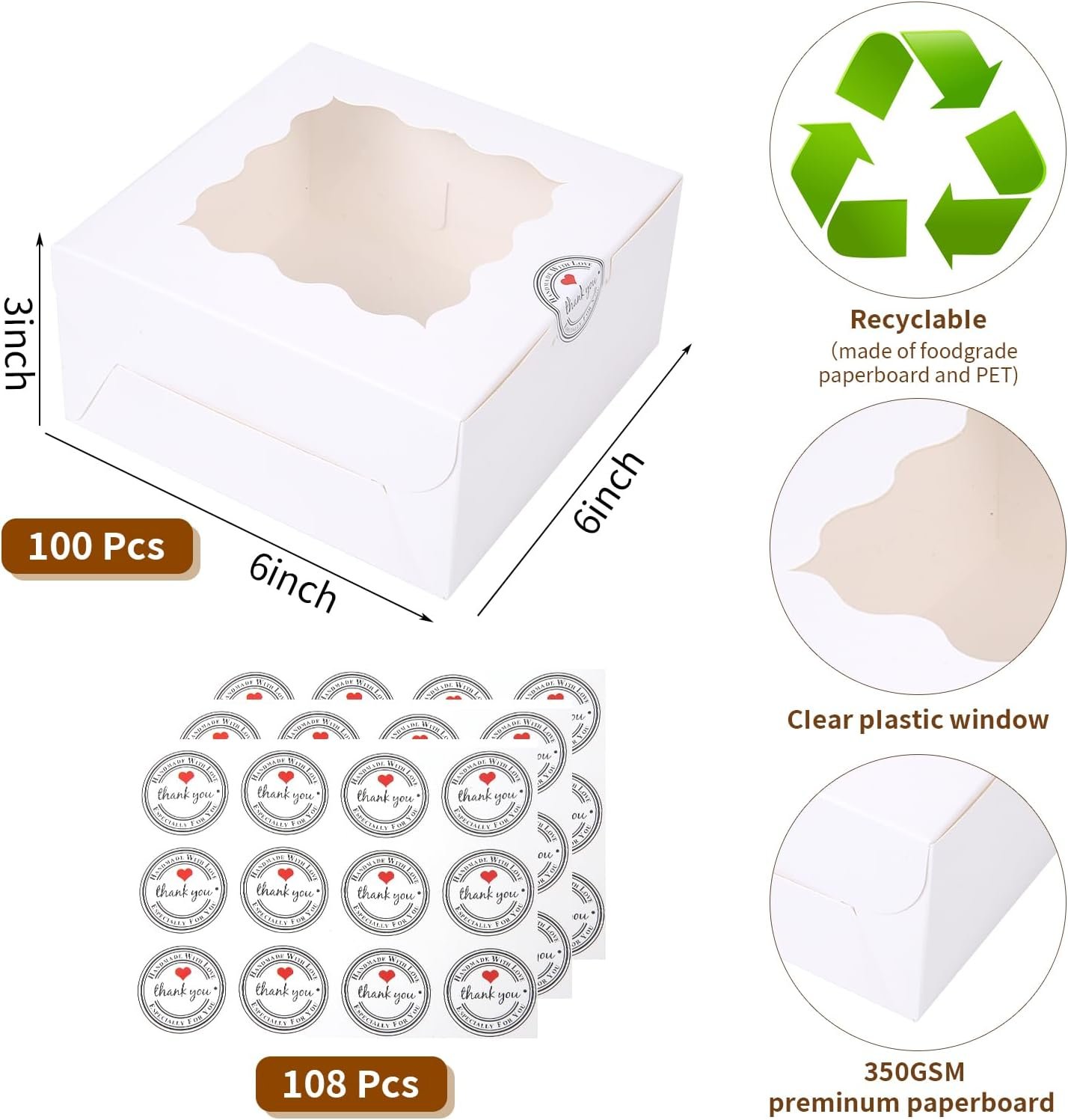 Großhandel 100 Stück 6x6x3 Zoll kleine Kuchenbox mit Fenster, Mini-Pie-Behälter für Gebäck, Dessert, Erdbeeren, Pralinen, Cupcakes mit Papierstickern - Individuelles Logo, Hersteller für hohe Qualität.