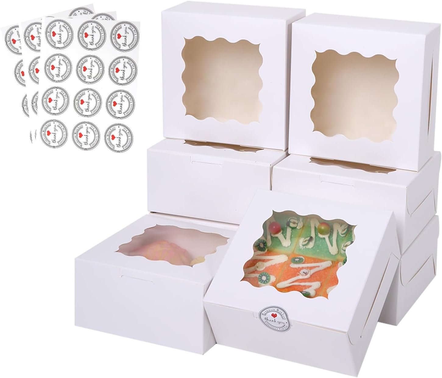 Großhandel 100 Stück 6x6x3 Zoll kleine Kuchenbox mit Fenster, Mini-Pie-Behälter für Gebäck, Dessert, Erdbeeren, Pralinen, Cupcakes mit Papierstickern - Individuelles Logo, Hersteller für hohe Qualität.