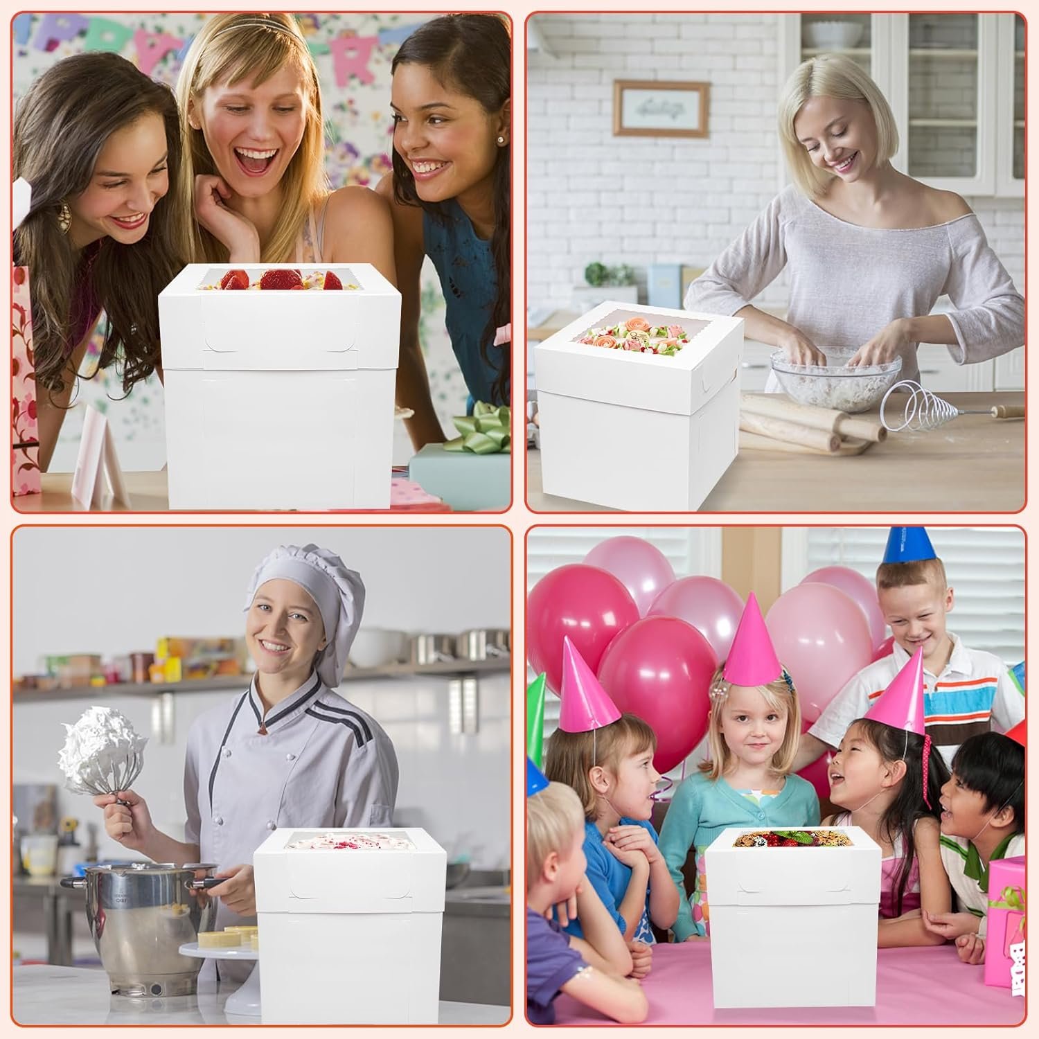 Großhandel 10 Stück 12 Zoll hohe Kuchenboxen mit Fenster, ideale Verpackungslösungen für Hochzeit, Geburtstag und Party, individuell bedruckbar, Hersteller von Einweg-Backbehältern, große Karton-Trageboxen.