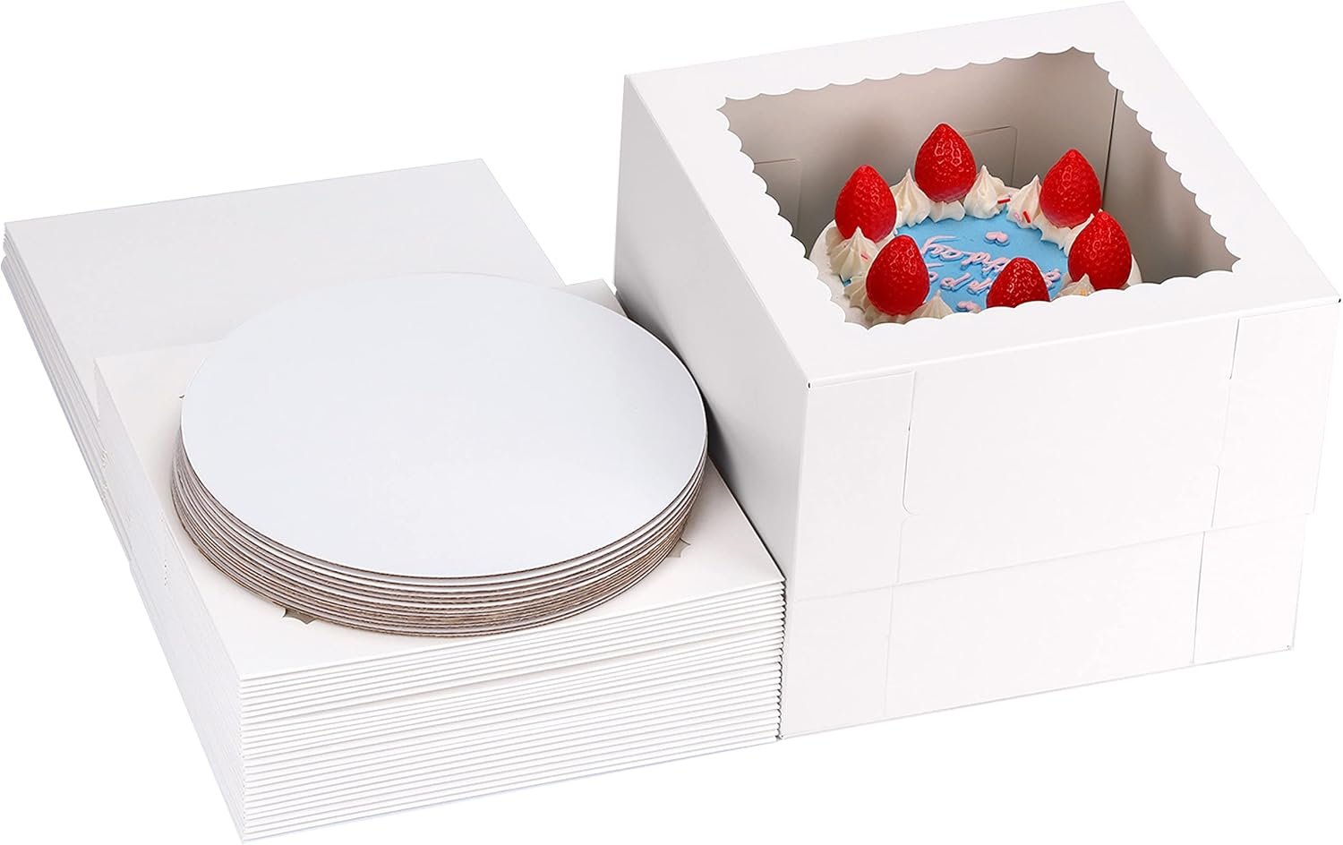 Großhandel 15 Sets Kuchenboxen 10x10x8 Zoll hohe Bäckereiboxen mit Kuchenplatten, weiße quadratische Träger mit Fenster, individuell bedruckbar für Valentinstag, Muttertag, OEM Hersteller für Großmenge.