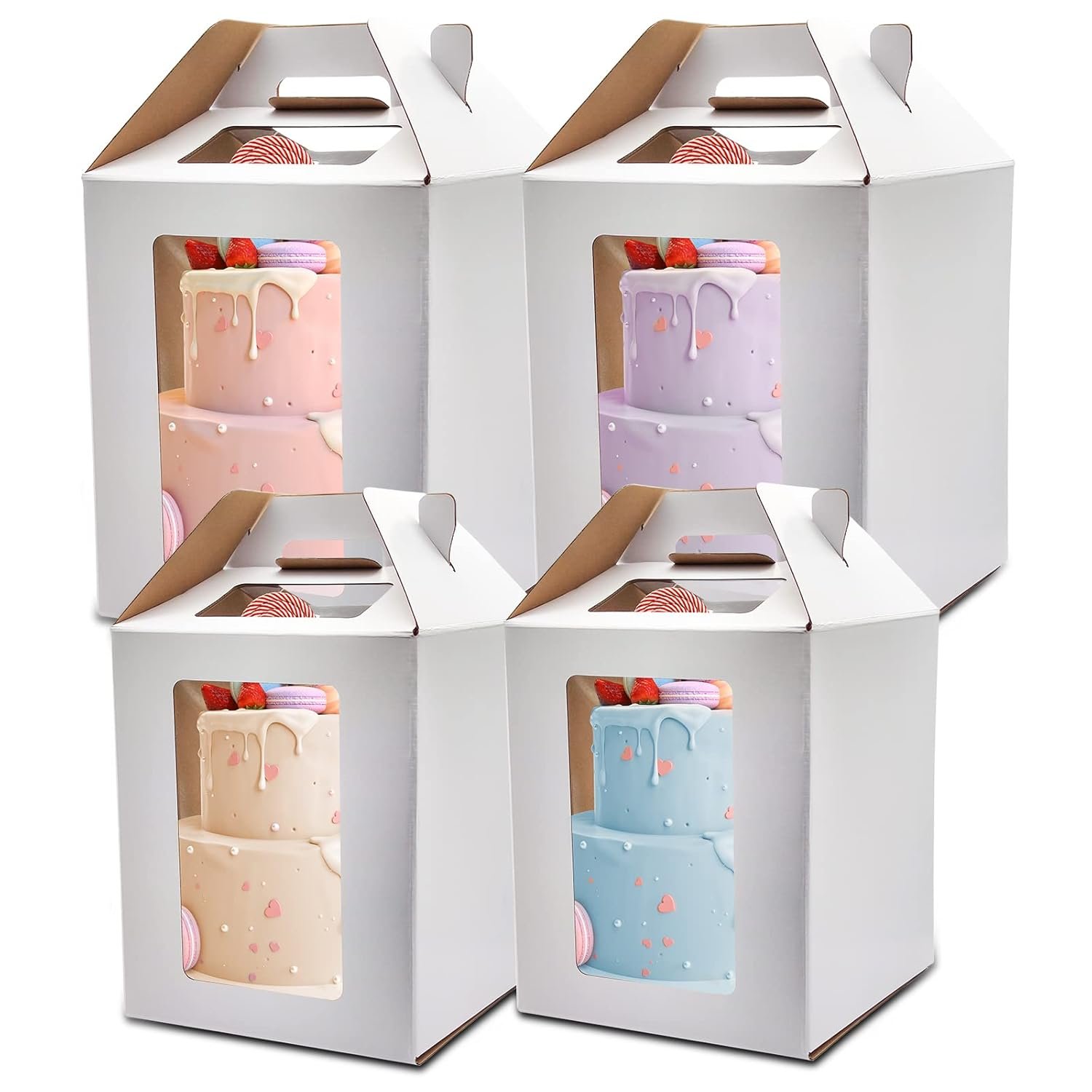 Großhandel 6 Stück KBG Cake Boxes 10x10x12 und 12x12x14 Zoll mit Fenster für Torten, stabiler weißer Backwarenbehälter, OEM für individuelle Logos, ideale Boxen für Hochzeit und Geburtstag.