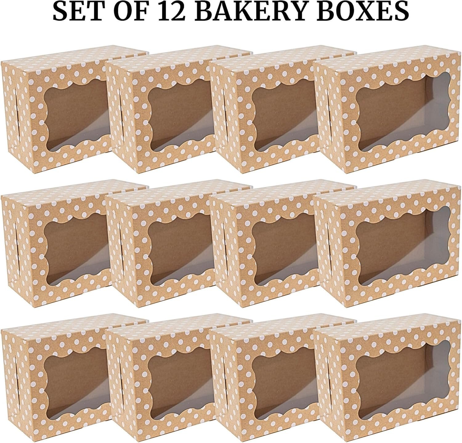 Großhandel Polka Dot Keksboxen - 12er Pack große Backgeschenkbox mit Fenster in Braun mit weißen Punkten - ideal für Gebäck, Cupcakes, Erdbeeren, Macarons und Süßigkeiten - Individuelles Logo möglich - vom Hersteller - für 12 Stück