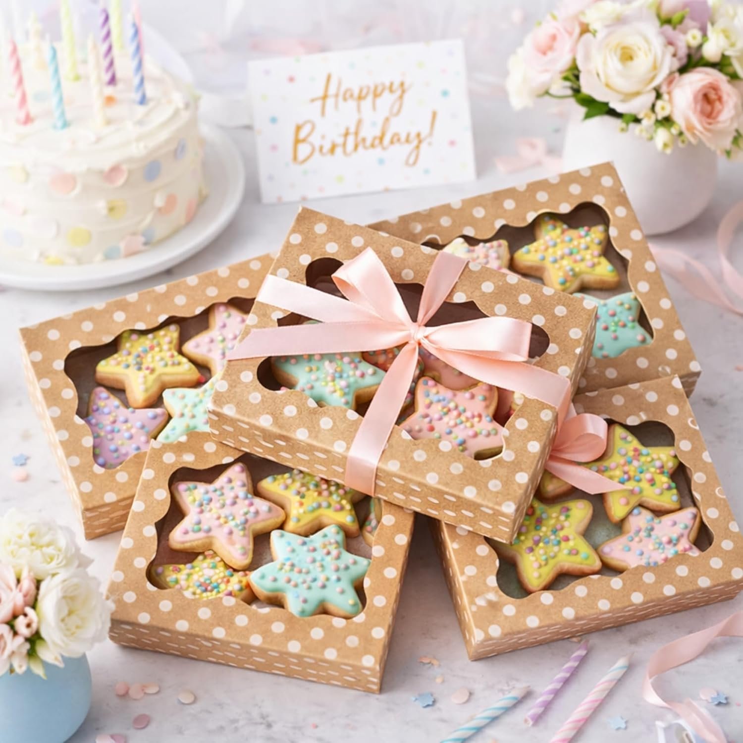 Großhandel Polka Dot Keksboxen - 12er Pack große Backgeschenkbox mit Fenster in Braun mit weißen Punkten - ideal für Gebäck, Cupcakes, Erdbeeren, Macarons und Süßigkeiten - Individuelles Logo möglich - vom Hersteller - für 12 Stück