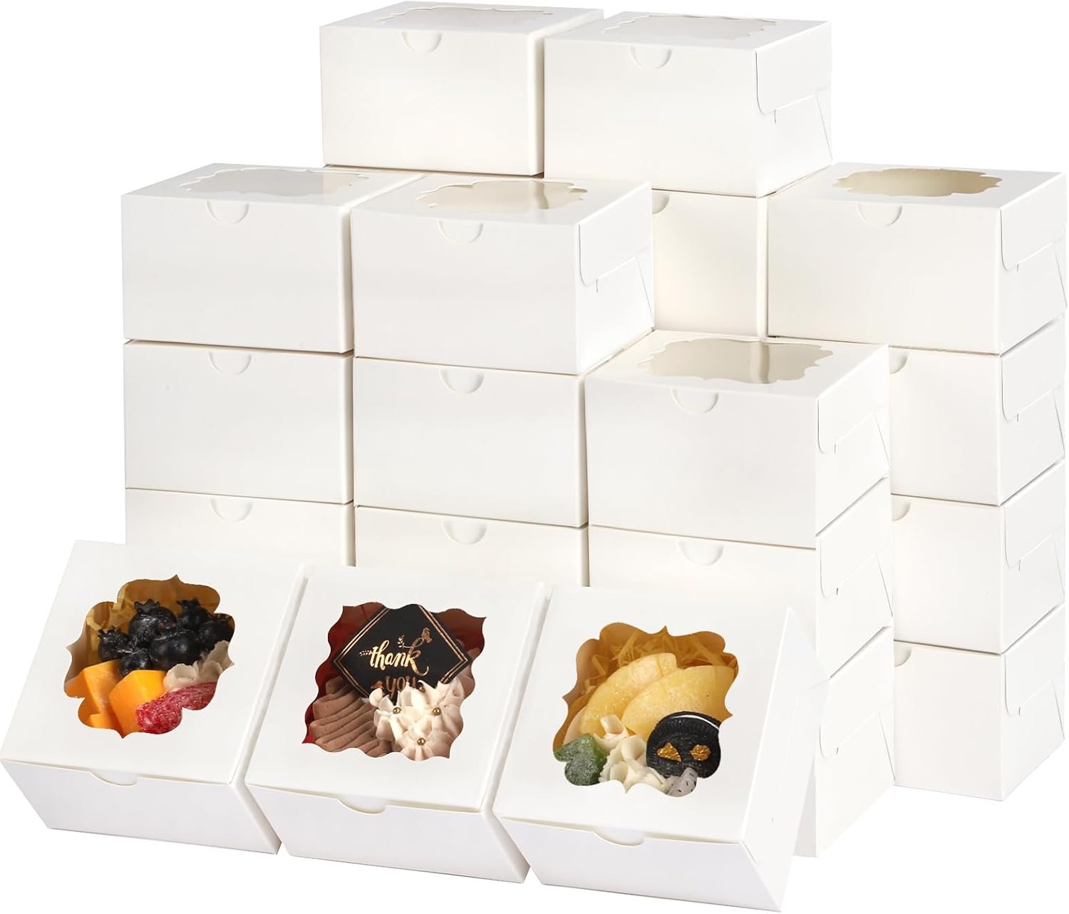Großhandel 150 Stück weiße kleine Kuchenboxen mit Fenster, 4x4x2,5 Zoll kleine Bäckereiboxen für Kekse, Eigenmarke und Bulk-Verpackung für Desserts, Pralinen, Donuts und Partygeschenke, Hersteller