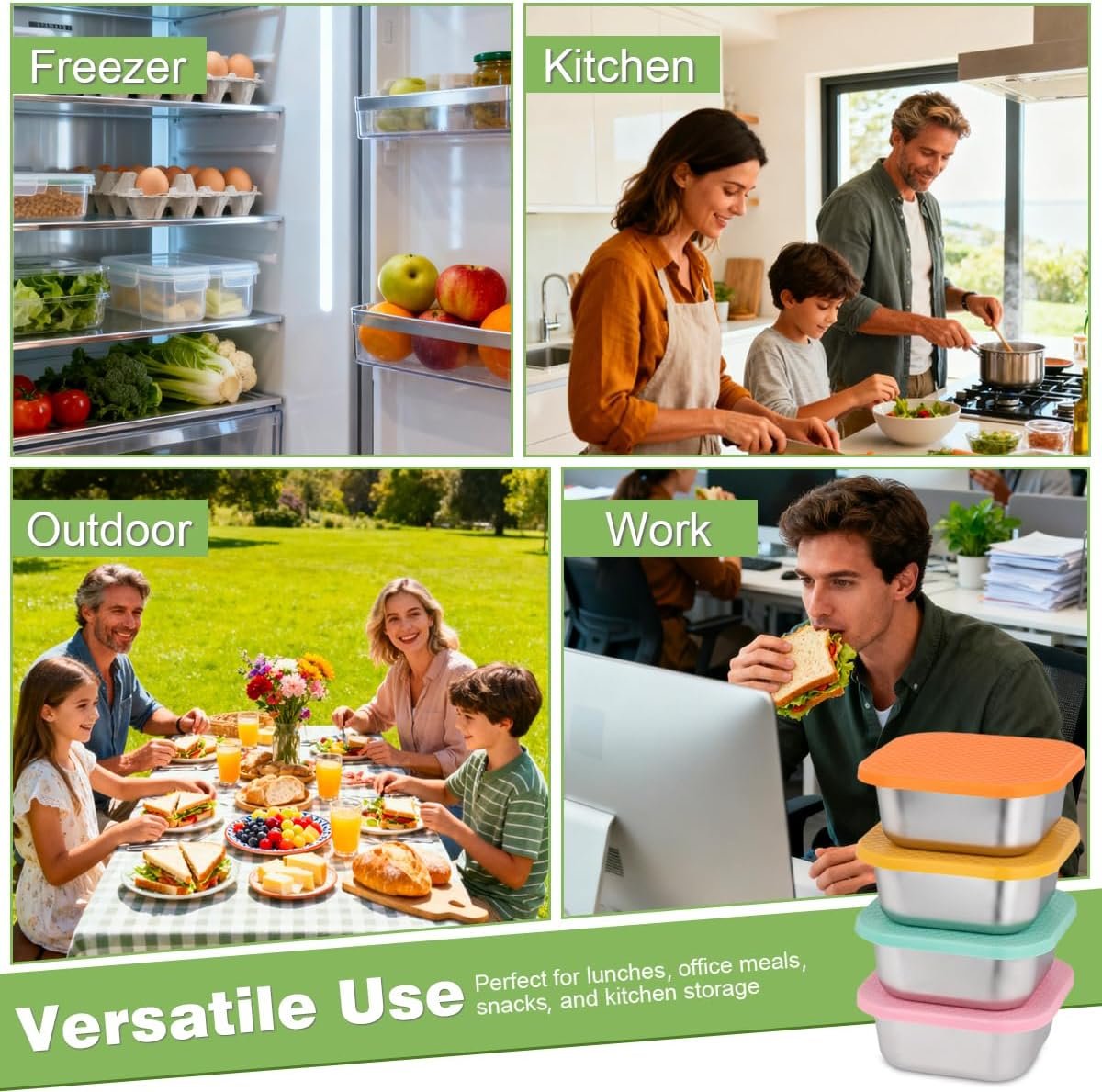 Großhandel 4er Set Sandwichbehälter: 30oz Edelstahl Lunchbox mit Silikondeckeln, wiederverwendbarer Behälter für Mahlzeiten, OEM-fähige Vorrichtung für Küche & Büro, Lebensmittelaufbewahrung für Salate, Snacks und Früchte