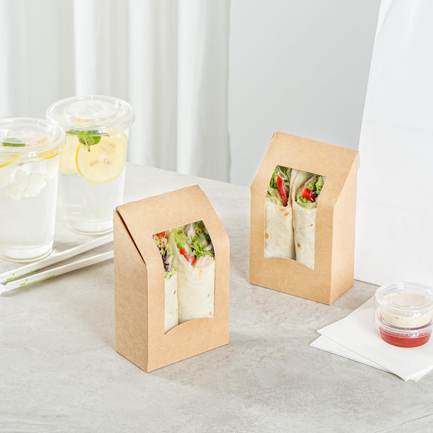 Großhandel 200 Stück 5,9 x 3,7 Zoll Sandwich Wrap Behälter, mit Fenster, wegwerfbare Kraftpapier Sandwich Boxen, OEM, fettbeständige Beschichtung Großhandel 200 Stück 5,9 x 3,7 Zoll Sandwich Wrap Behälter, mit Fenster, wegwerfbare Kraftpapier Sandwich Boxen, OEM, fettbeständige Beschichtung