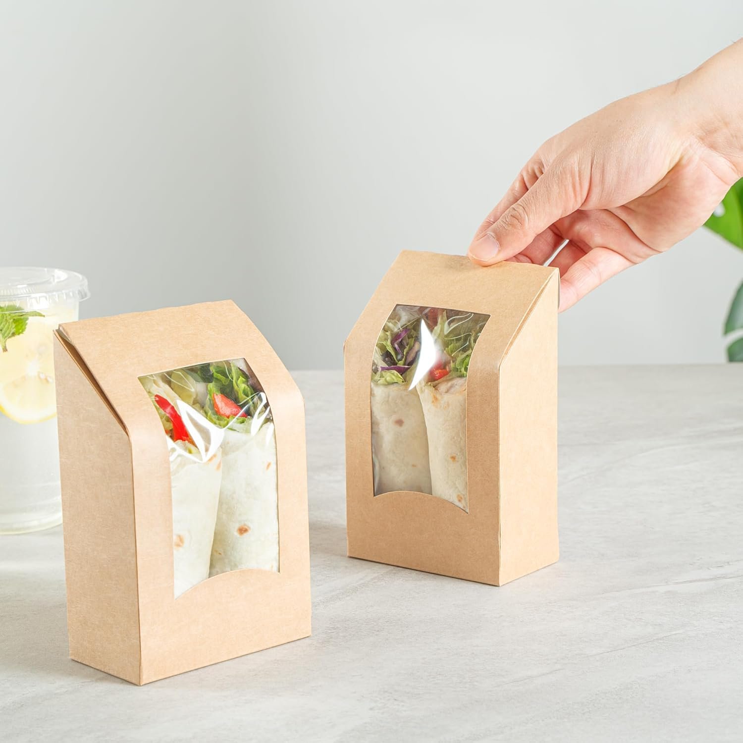 Großhandel 200 Stück 5,9 x 3,7 Zoll Sandwich Wrap Behälter, mit Fenster, wegwerfbare Kraftpapier Sandwich Boxen, OEM, fettbeständige Beschichtung Großhandel 200 Stück 5,9 x 3,7 Zoll Sandwich Wrap Behälter, mit Fenster, wegwerfbare Kraftpapier Sandwich Boxen, OEM, fettbeständige Beschichtung