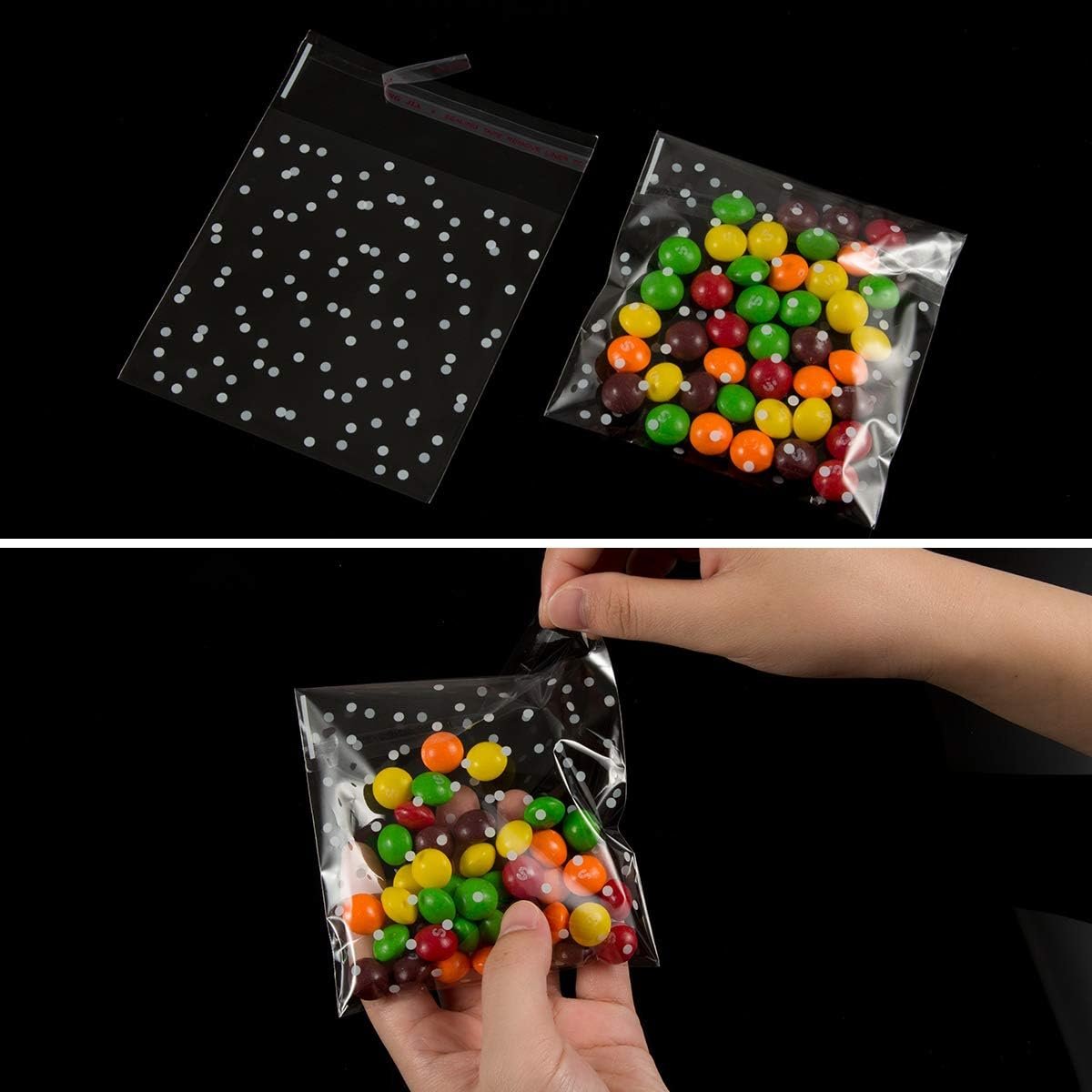 Großhandel 400 Stück selbstklebende Cellophan-Tüten mit weißen Punkten, 200 Dankeschön-Sticker für Ihr individuelles Logo und OEM, ideal für 5,5 x 5,5 Zoll Backwaren, Kekse, Schokolade und Desserts.