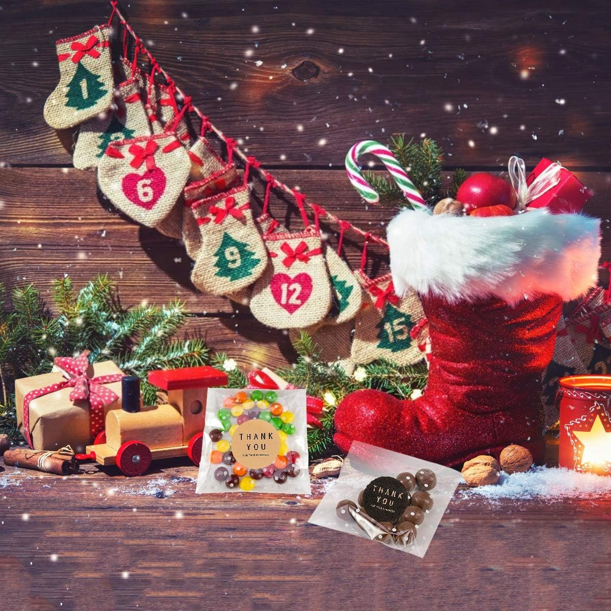 Großhandel 400 Stück selbstklebende Cellophan-Tüten mit weißen Punkten, 200 Dankeschön-Sticker für Ihr individuelles Logo und OEM, ideal für 5,5 x 5,5 Zoll Backwaren, Kekse, Schokolade und Desserts.