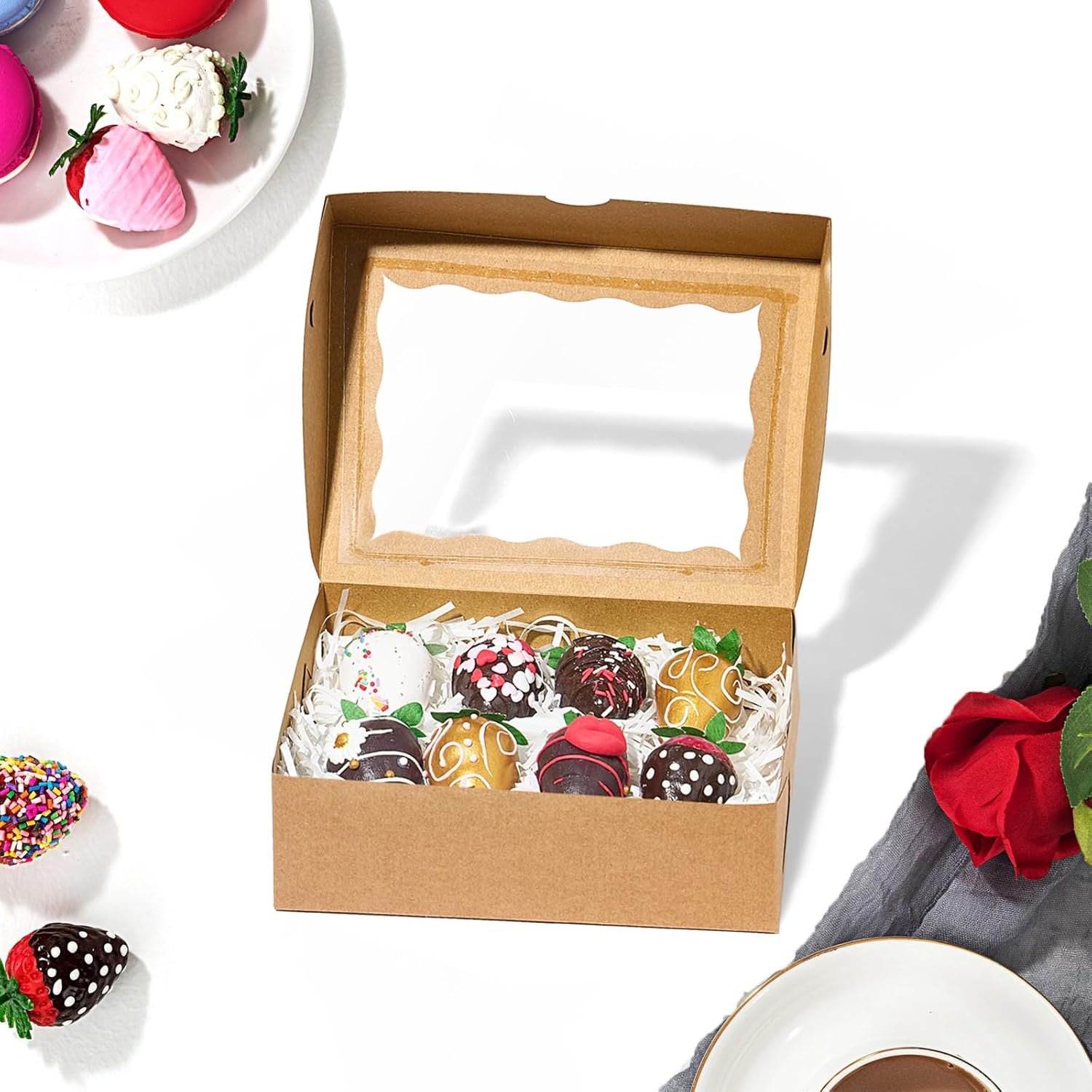 Großhandel 8 Stück braune Backboxen mit Fenster, 8x6x2,5 Zoll, perfekte Geschenkverpackung für Macarons, Trüffel, Kekse, Donuts, individuell anpassbar mit Logo, hergestellt von einem zuverlässigen Produzenten.