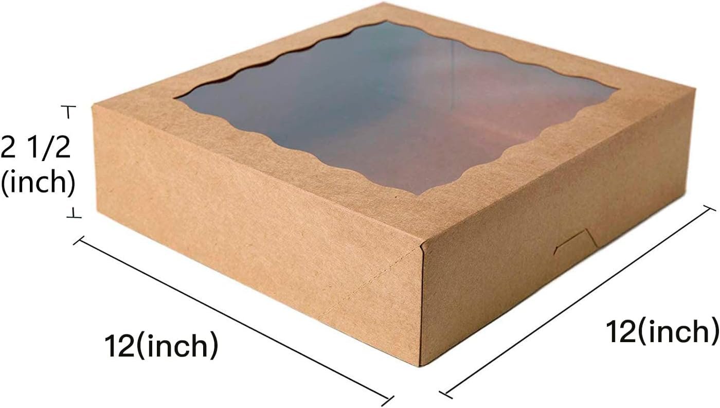 Großhandel 15 Stück 12 Zoll Kraft Bäckereiboxen, 12x12x2,5 Zoll große Kuchenschachteln mit PVC-Fenster, natürliche Einwegbox für Gebäck, individuelles Logo, OEM