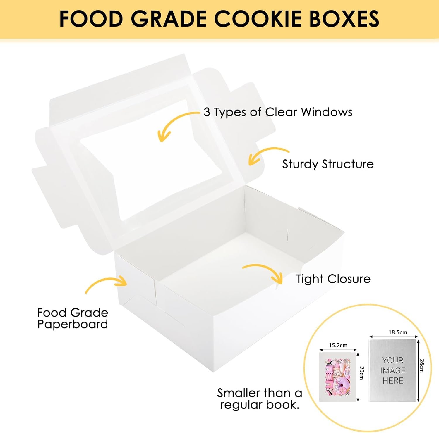 Großhandel 48 Stück Cookie Boxen mit Fenster 8x6x2,5 Zoll, für individuelle Logos und als OEM verfügbares Design, ideal für Leckereien, Schokolade, Erdbeeren, Bonbons, Muffins und Donuts.