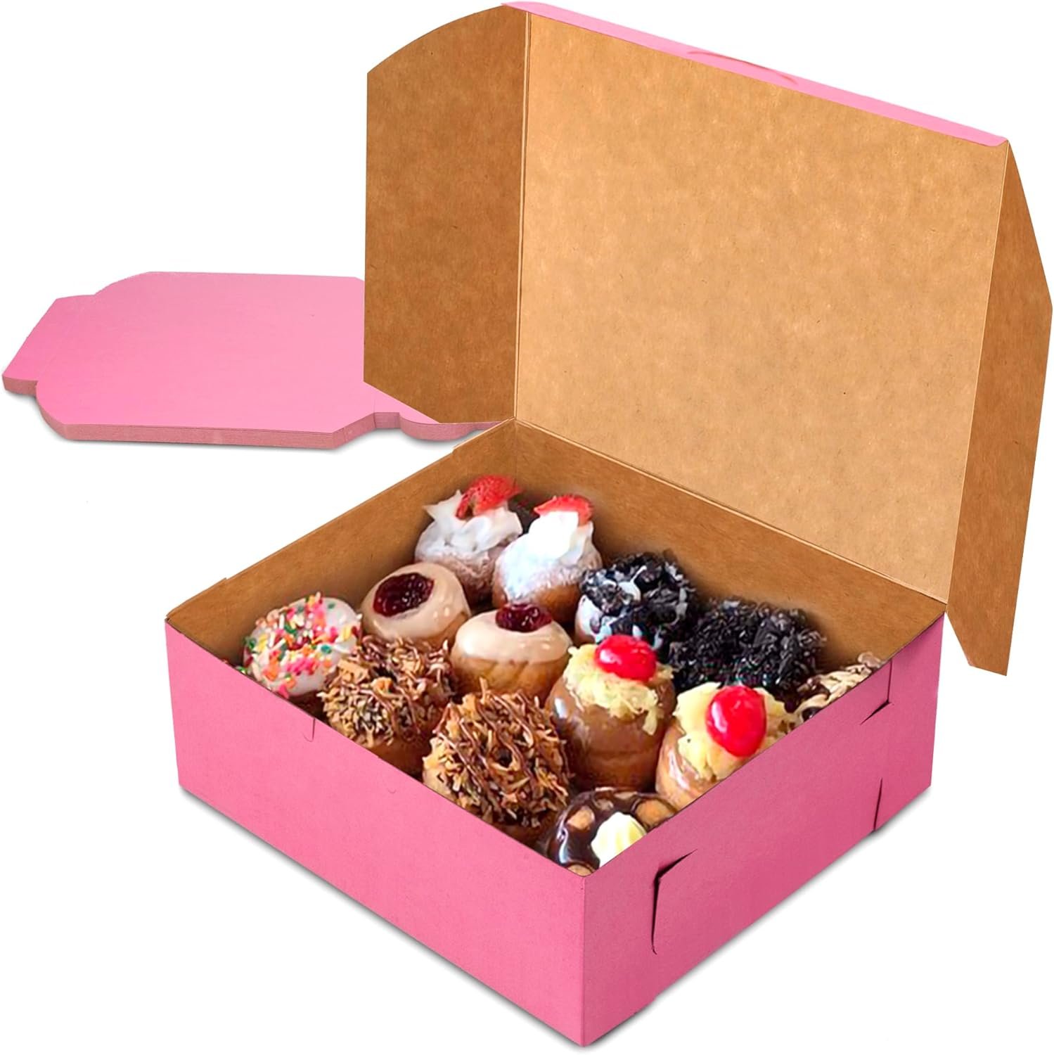 Großhandel 25er Pack pinke Backboxen 8x8x4 für Cupcakes, Desserts, Kekse und Süßigkeiten, individuelle Verpackungslösungen von Herstellern, ideal für Bäckereien, handgemachte Backwaren, Geschenke und Veranstaltungen.