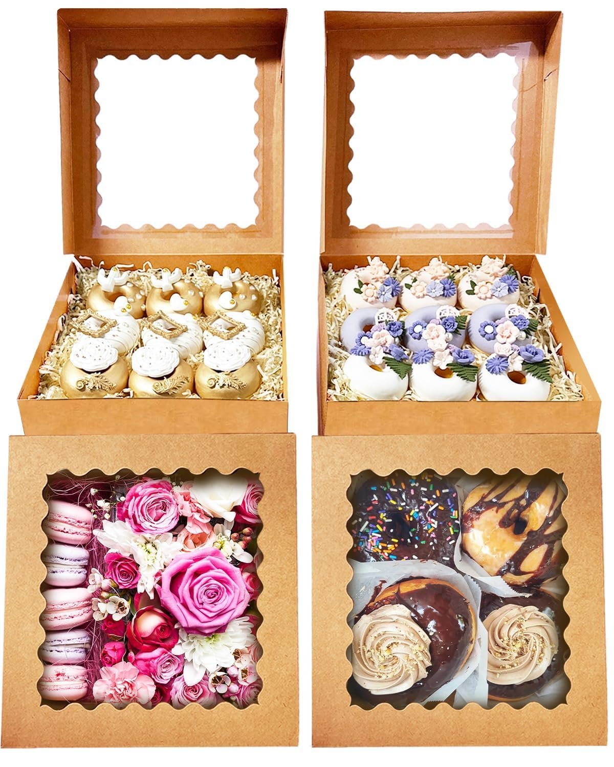 Großhandel 55 Stück braune Kuchenboxen 8x8x2,5 Zoll mit Fenster, einfach zusammenbaubare Macarons und Keksverpackungen für Bäckereien, individuell bedruckbar durch Hersteller.