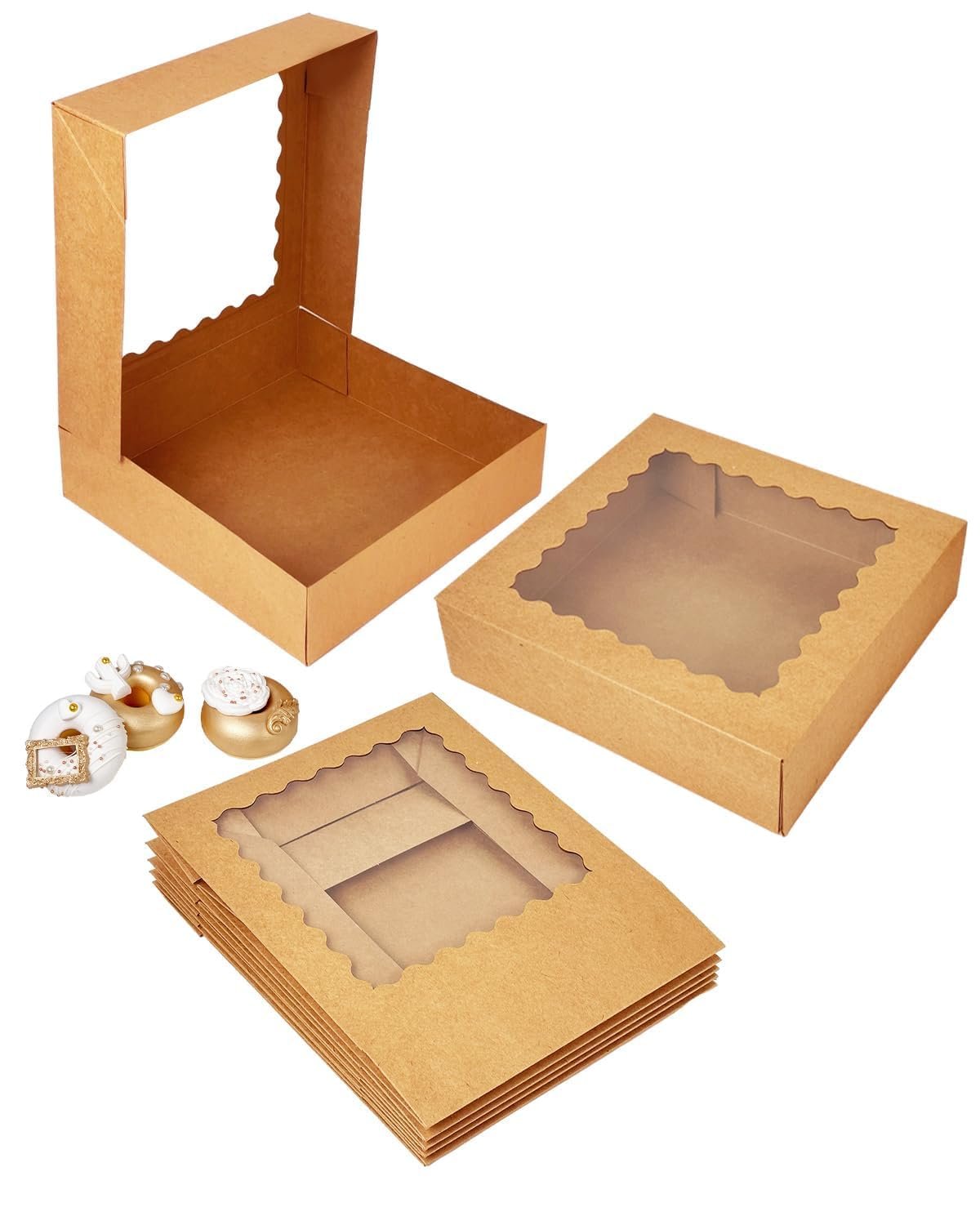 Großhandel 55 Stück braune Kuchenboxen 8x8x2,5 Zoll mit Fenster, einfach zusammenbaubare Macarons und Keksverpackungen für Bäckereien, individuell bedruckbar durch Hersteller.