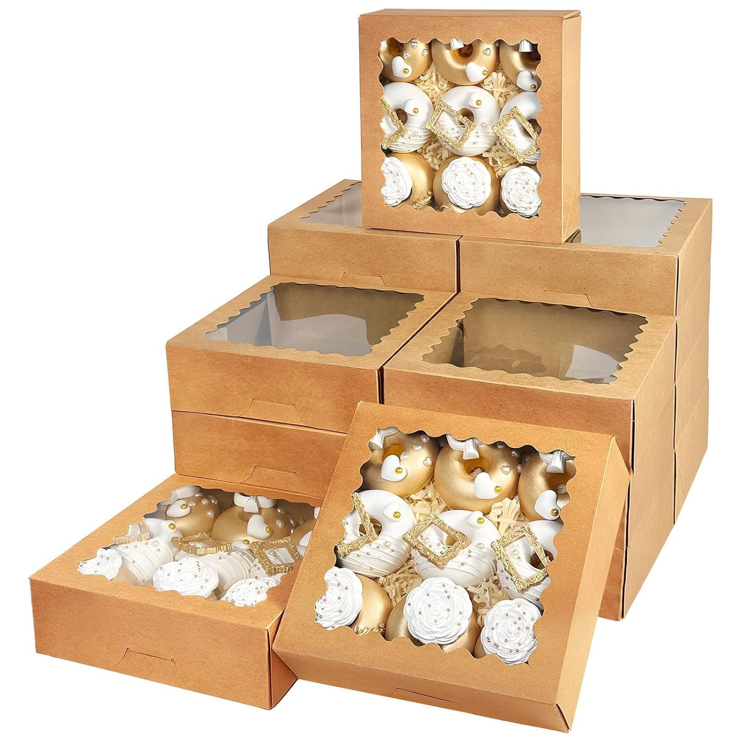 Großhandel 55 Stück braune Kuchenboxen 8x8x2,5 Zoll mit Fenster, einfach zusammenbaubare Macarons und Keksverpackungen für Bäckereien, individuell bedruckbar durch Hersteller.