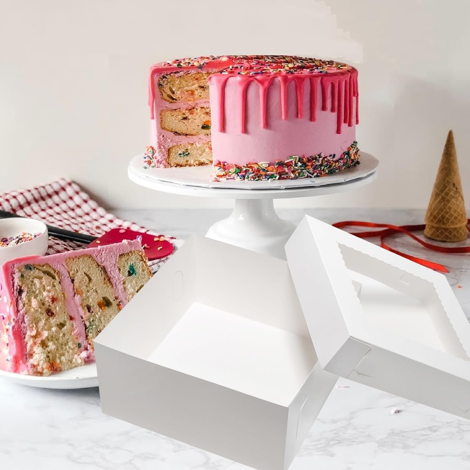 Großhandel 14x14x6 Zoll Kuchenboxen, 10 Stück Backboxen für Torten mit Fenster, Hersteller von hochwertigen 14 Zoll großen hohen Kartontragbehältern mit Deckel für Hochzeiten, Geburtstage, Partys, individuelles Logo.