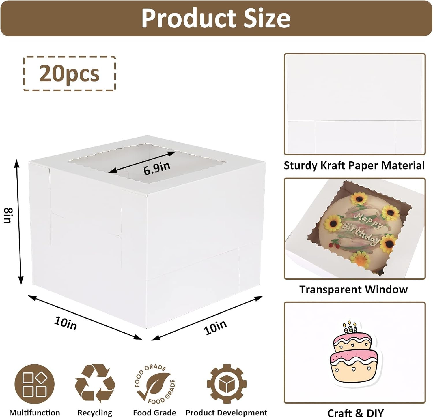 Großhandel 20 Stück Kuchenboxen, 10x10x8 Zoll hohe Kuchenbox mit Fenster, weiße Bäckerei-Box, große Backboxen für Valentinstag, Muttertag, Gebäck, Kuchen, Desserts mit individuellem Logo, hergestellt von einem zuverlässigen Lieferanten. Großhandel 20 Stück Kuchenboxen, 10x10x8 Zoll hohe Kuchenbox mit Fenster, weiße Bäckerei-Box, große Backboxen für Valentinstag, Muttertag, Gebäck, Kuchen, Desserts mit individuellem Logo, hergestellt von einem zuverlässigen Lieferanten.