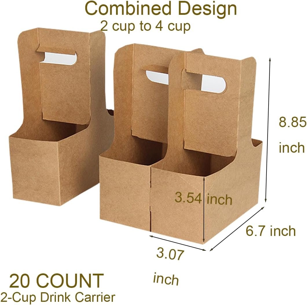 Großhandel 2-Cup Drink Carrier aus Kraftpapier mit Griff, OEM Kaffee Becherhalter für Take Out, 20 Stück in Bulk Großhandel 2-Cup Drink Carrier aus Kraftpapier mit Griff, OEM Kaffee Becherhalter für Take Out, 20 Stück in Bulk