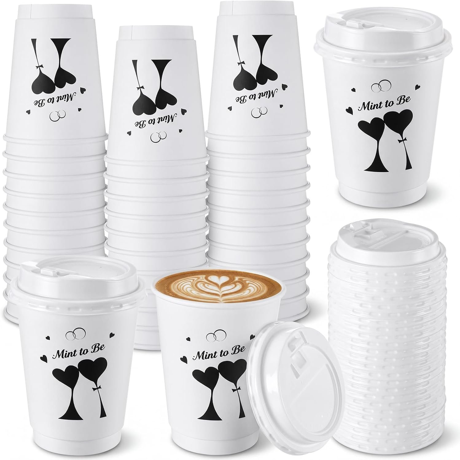 Großhandel 50 Stück Hochzeitskaffeebecher 12 oz Mint to Be Einweg-Papierbecher mit Deckel für die Brautparty, individuelles Logo für Empfang und Verlobung, OEM.