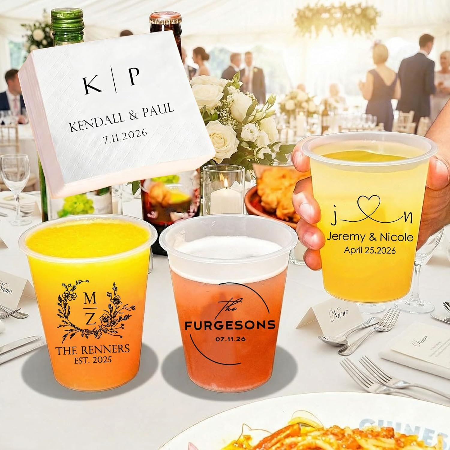 Großhandel 200 Stück personalisierte Einweg frosted Plastikbecher und Servietten Set, individuell mit Logo, ideal für Hochzeiten, Cocktails und Geburtstagsfeiern, Hersteller von maßgeschneiderten Lösungen für jeden Anlass.