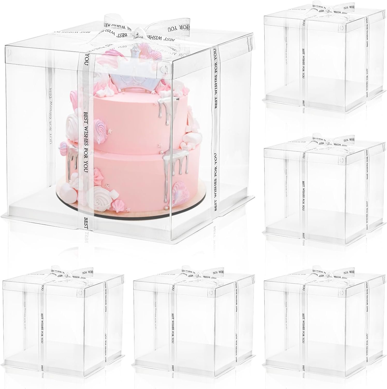 Großhandel 6 Stücke transparente Tortenbox mit Schleife 2-Layer 10x10x10 Zoll, Cake Carrier Box mit Deckeln, PET hohe Tortenverpackungsboxen, individuelles Logo für Geschenke zu Muttertag, Geburtstag, Hochzeit und Festivitäten.