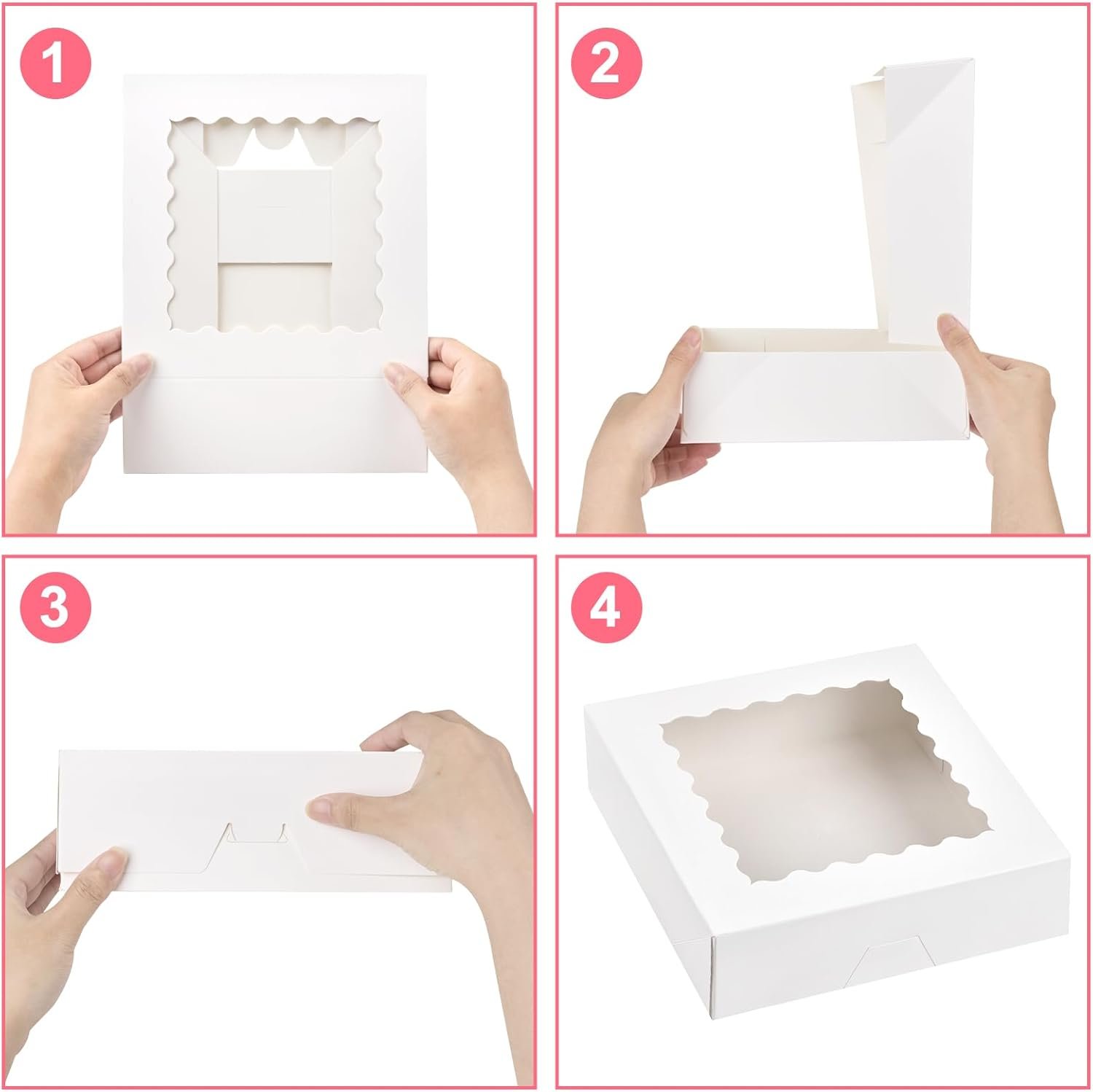Großhandel für 20 Stück 8 x 8 x 2,5 Zoll Kuchenboxen mit Fenster, individuelle Logo Auto-Popup-Keksboxen, weiße Treat Boxen für Schokolade, Erdbeeren, Gebäck, Muffins, Donuts.