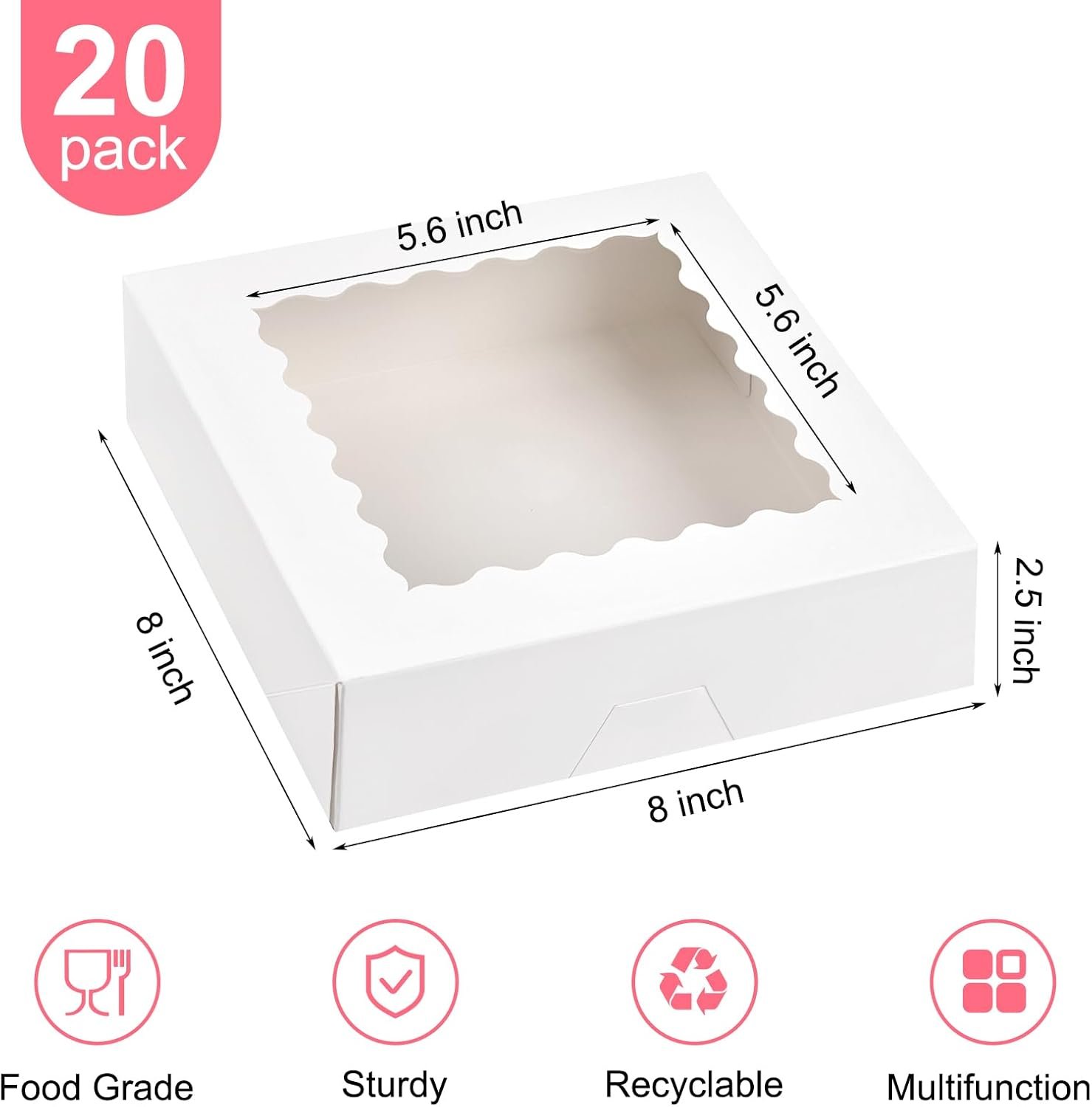 Großhandel für 20 Stück 8 x 8 x 2,5 Zoll Kuchenboxen mit Fenster, individuelle Logo Auto-Popup-Keksboxen, weiße Treat Boxen für Schokolade, Erdbeeren, Gebäck, Muffins, Donuts.
