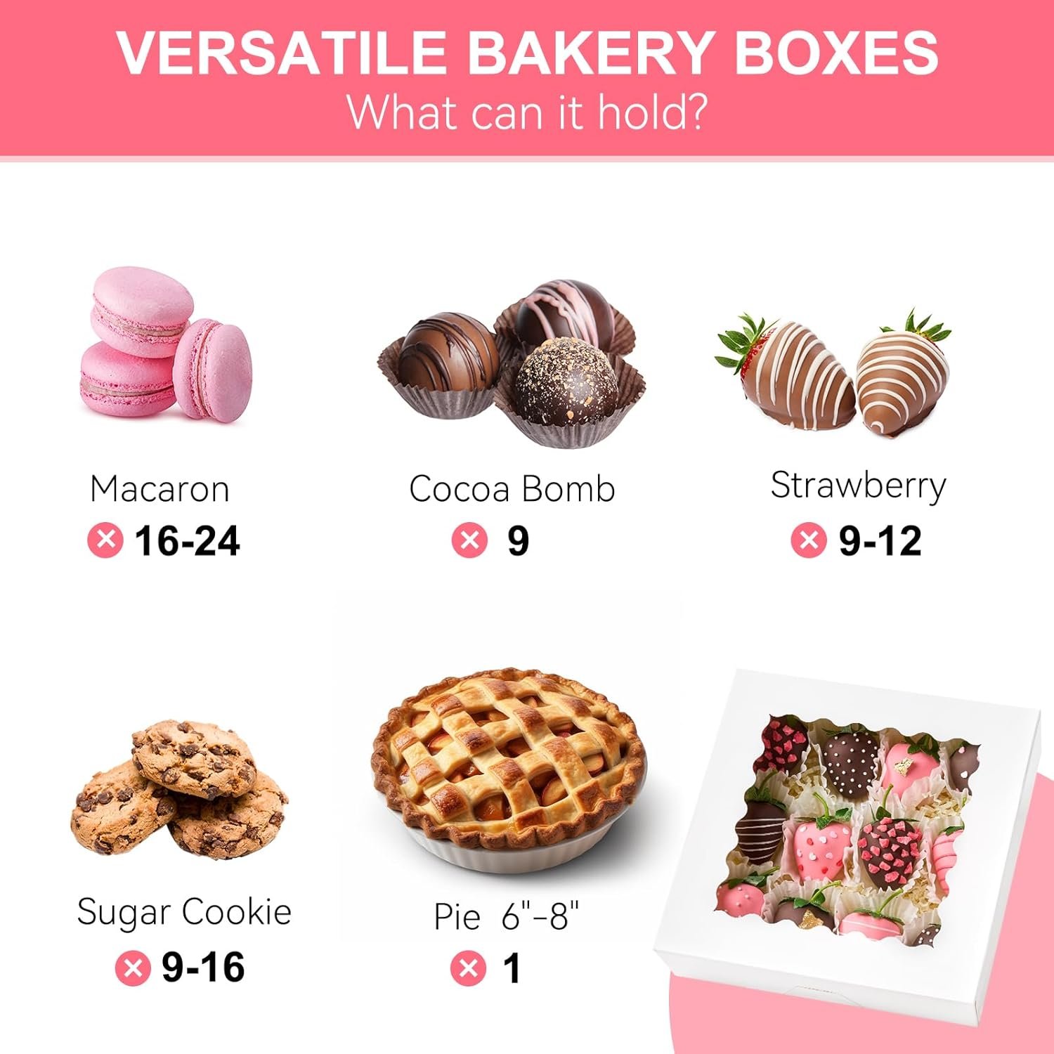 Großhandel für 20 Stück 8 x 8 x 2,5 Zoll Kuchenboxen mit Fenster, individuelle Logo Auto-Popup-Keksboxen, weiße Treat Boxen für Schokolade, Erdbeeren, Gebäck, Muffins, Donuts.