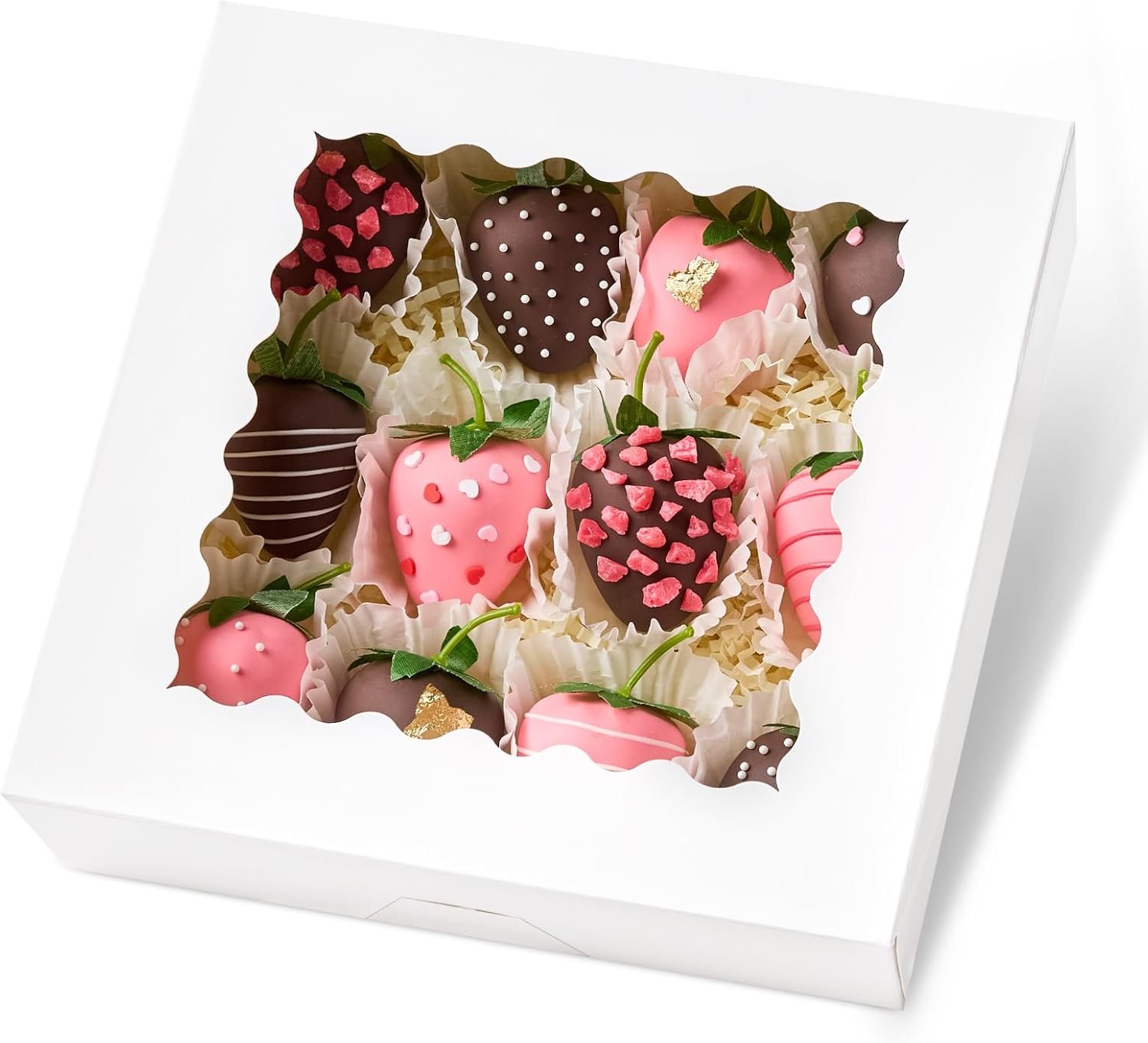 Großhandel für 20 Stück 8 x 8 x 2,5 Zoll Kuchenboxen mit Fenster, individuelle Logo Auto-Popup-Keksboxen, weiße Treat Boxen für Schokolade, Erdbeeren, Gebäck, Muffins, Donuts.