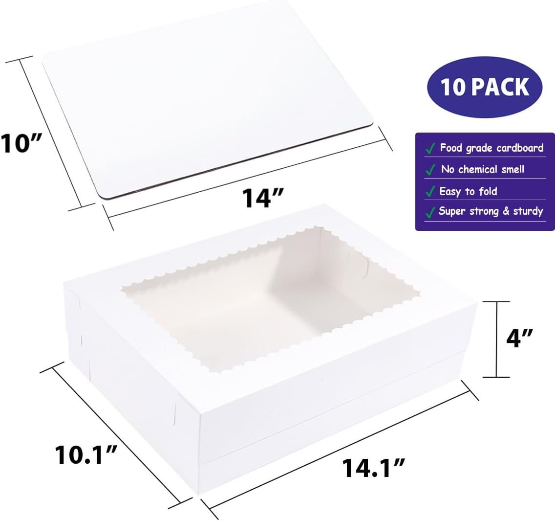 Großhandel 10er Pack 14x10x4 Zoll Kuchenboxen mit Kuchenplatte, weiße Bäckerei Boxen für Viertel-Blätterkuchen, Donuts, Cupcakes, Brownies und Torten, Hersteller für individuelle Logos, Bulk Optionen verfügbar