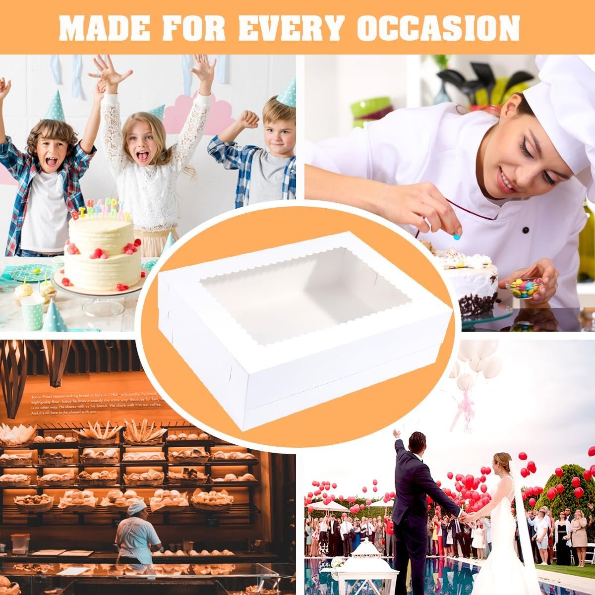 Großhandel 10er Pack 14x10x4 Zoll Kuchenboxen mit Kuchenplatte, weiße Bäckerei Boxen für Viertel-Blätterkuchen, Donuts, Cupcakes, Brownies und Torten, Hersteller für individuelle Logos, Bulk Optionen verfügbar