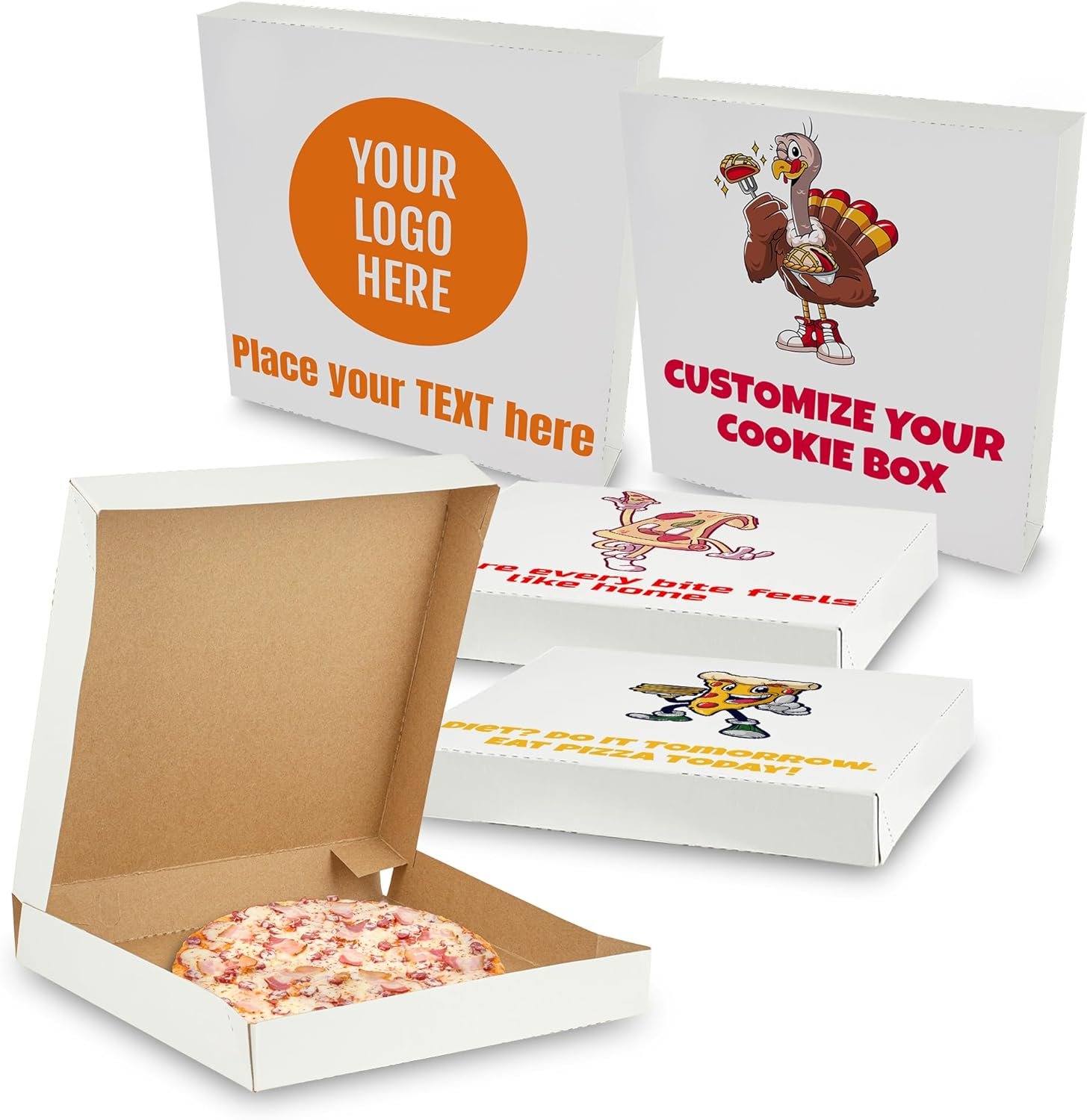 Individuelles Logo auf maßgeschneiderten Pizza-Boxen 8" x 8" x 1.5" - Großhandel mit personalisierbaren, leimlosen weißen Klapp-Pizza-Boxen - OEM, 5 Stück im Pack