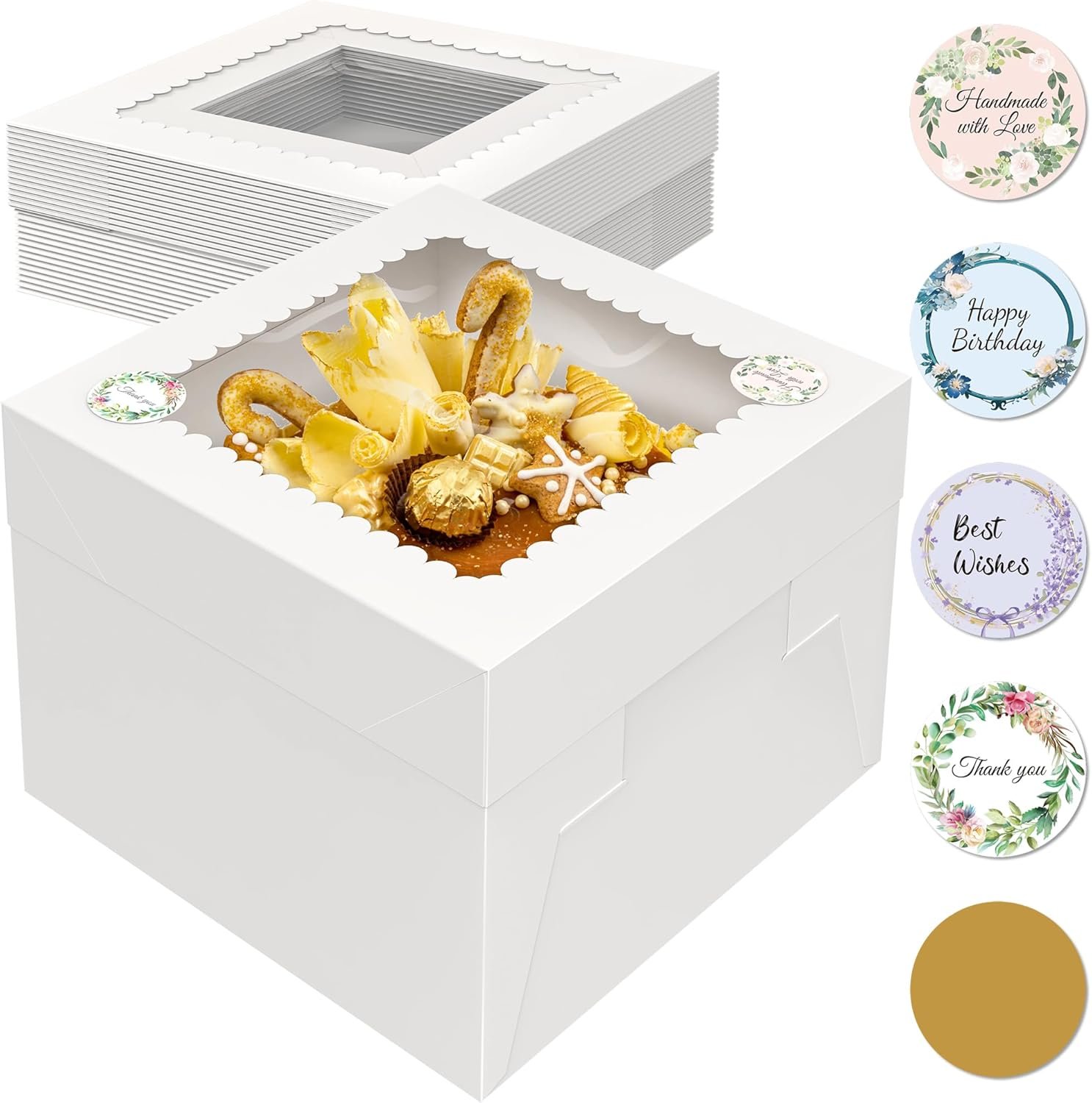 Großhandel 15 Stück 10x10x8 Zoll hohe Kuchenboxen mit Fenster, große Kartonbackboxen für Käsekuchen, Kuchen, Pies, Hochzeit und Geburtstag mit 90 Stickern für individuelle Logos, Hersteller von Backzubehör.