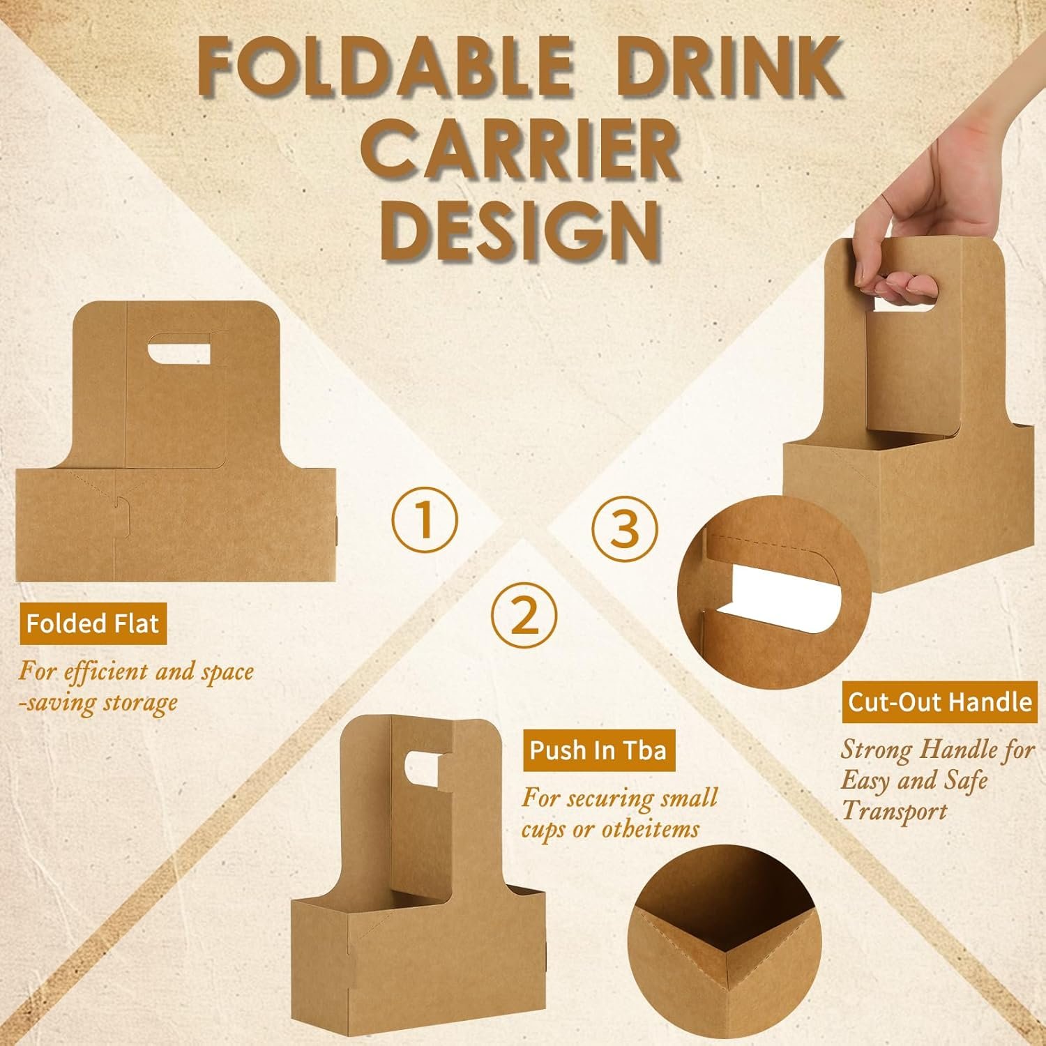 Großhandel 60 Stück brauner Kraftpapier-Träger für 2 Becher mit Griff – Faltbarer Becherhalter für heiße oder kalte Getränke, OEM Becherträger für Essenslieferungen, Bulk Getränketablett Großhandel 60 Stück brauner Kraftpapier-Träger für 2 Becher mit Griff – Faltbarer Becherhalter für heiße oder kalte Getränke, OEM Becherträger für Essenslieferungen, Bulk Getränketablett