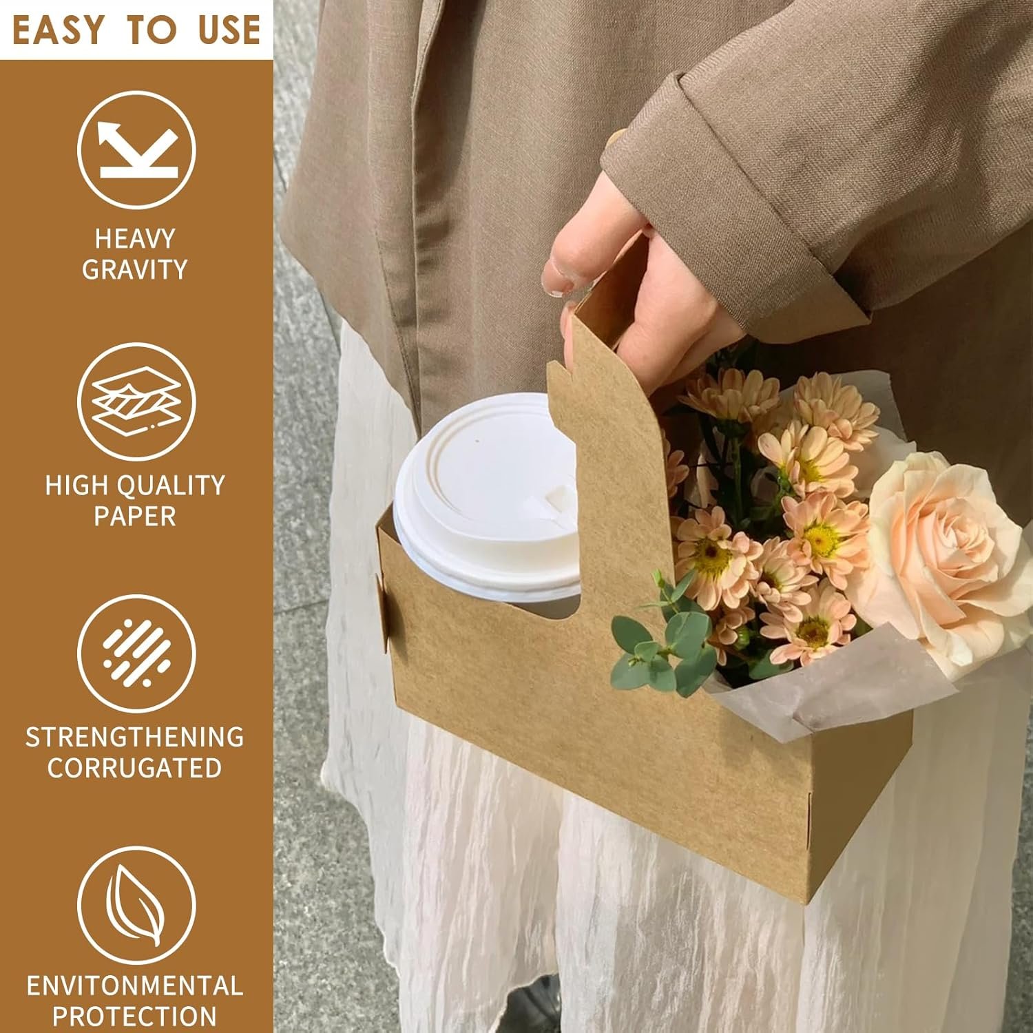 Großhandel 60 Stück brauner Kraftpapier-Träger für 2 Becher mit Griff – Faltbarer Becherhalter für heiße oder kalte Getränke, OEM Becherträger für Essenslieferungen, Bulk Getränketablett Großhandel 60 Stück brauner Kraftpapier-Träger für 2 Becher mit Griff – Faltbarer Becherhalter für heiße oder kalte Getränke, OEM Becherträger für Essenslieferungen, Bulk Getränketablett