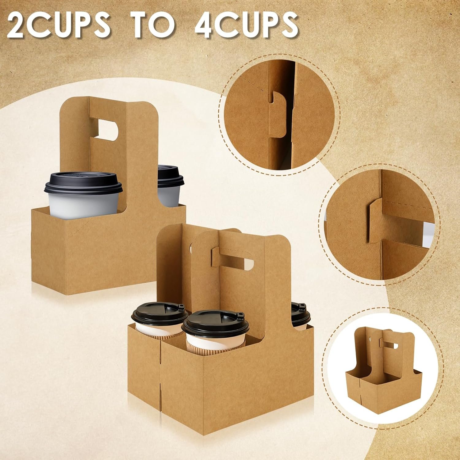 Großhandel 60 Stück brauner Kraftpapier-Träger für 2 Becher mit Griff – Faltbarer Becherhalter für heiße oder kalte Getränke, OEM Becherträger für Essenslieferungen, Bulk Getränketablett Großhandel 60 Stück brauner Kraftpapier-Träger für 2 Becher mit Griff – Faltbarer Becherhalter für heiße oder kalte Getränke, OEM Becherträger für Essenslieferungen, Bulk Getränketablett