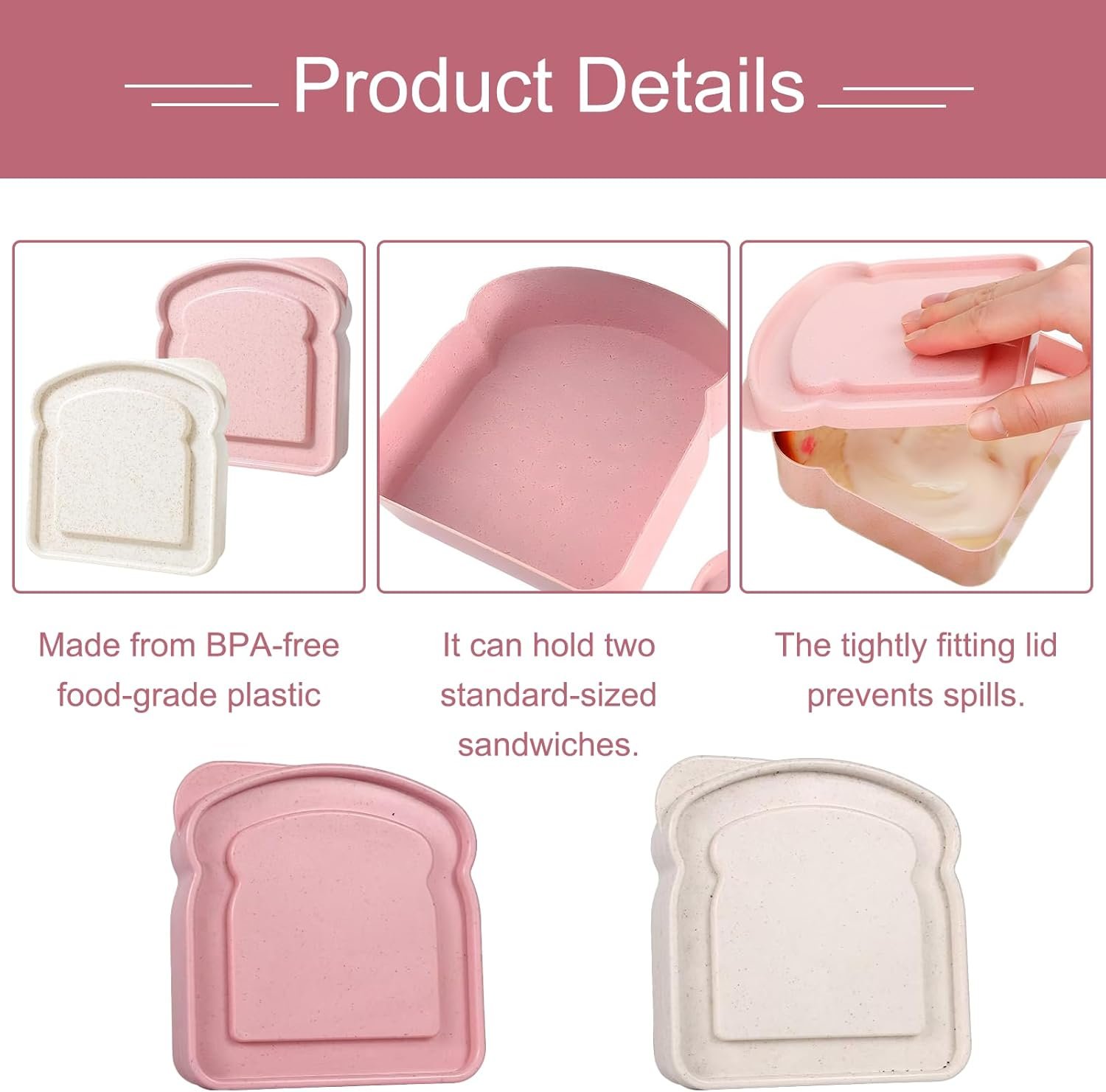 Großhandel 2 Stück Sandwich-Container, wiederverwendbare Kunststoff-Lebensmittelaufbewahrungsbox mit Deckel, BPA-frei, mikrowellengeeignet für Familie und Büro, individuell bedruckbar, Hersteller, Camping (Pink, Beige)