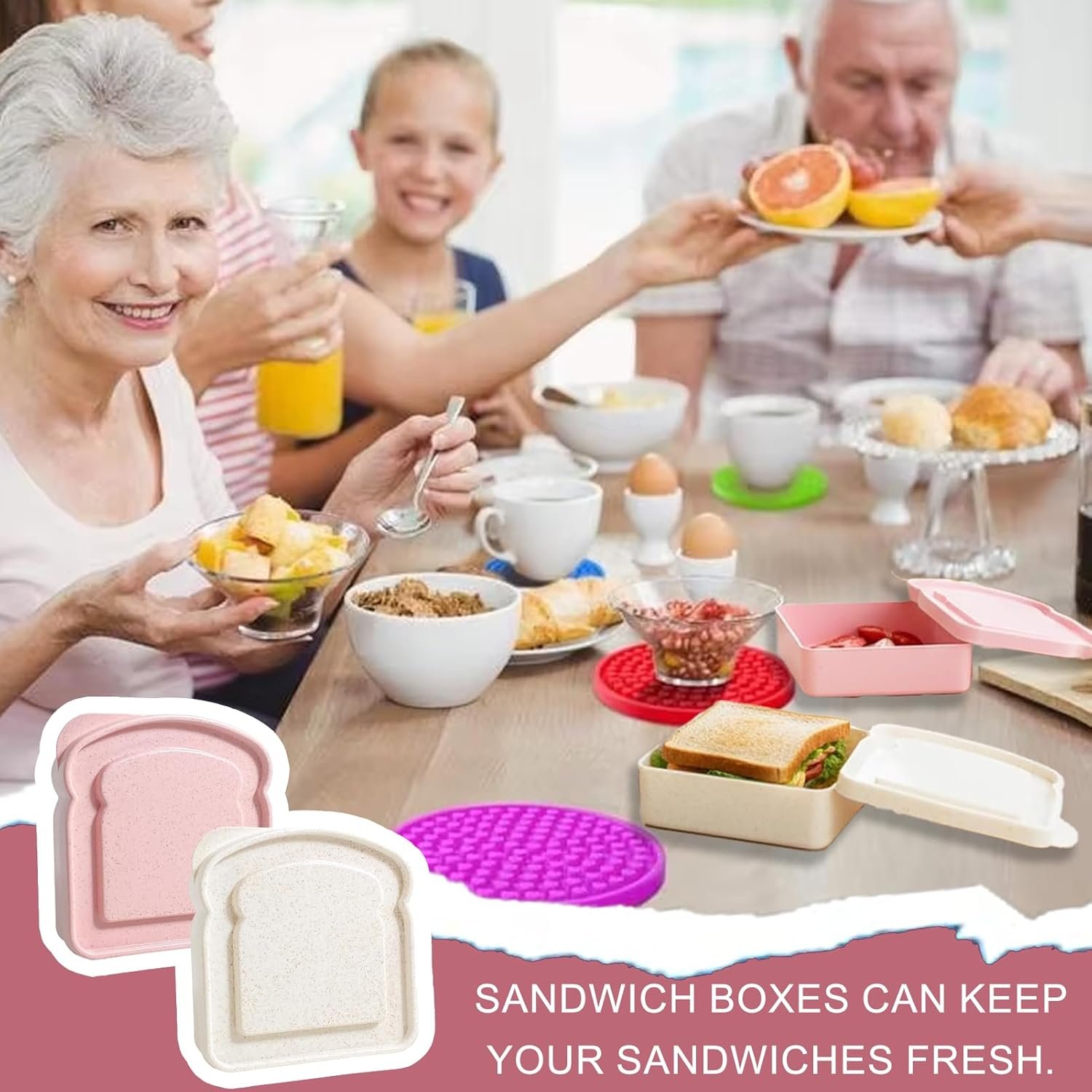 Großhandel 2 Stück Sandwich-Container, wiederverwendbare Kunststoff-Lebensmittelaufbewahrungsbox mit Deckel, BPA-frei, mikrowellengeeignet für Familie und Büro, individuell bedruckbar, Hersteller, Camping (Pink, Beige)