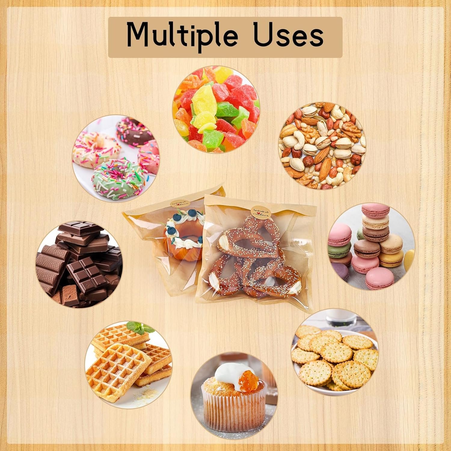 Großhandel 120er Pack Cookie-Tüten mit Fenster, 8,3x9,8 Zoll selbstklebende Papier-Bäckereitüten, hitzeversiegelbar und fettabweisend, ideal für Donuts, Brownies, Waffeln und Sandwiches - Individuelles Logo für Ihre Eigenmarke vom Hersteller.