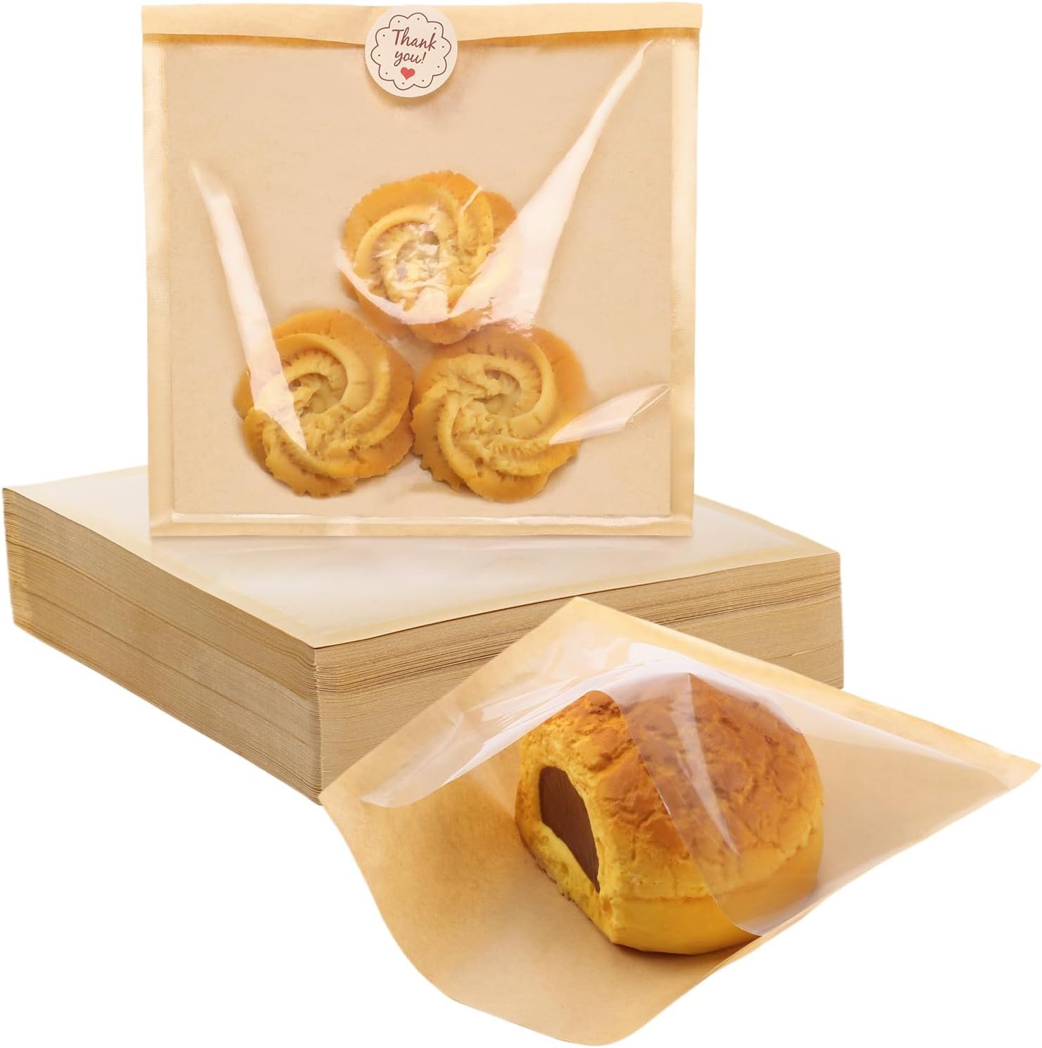 Großhandel 300 Stück 7,1 x 7,5 Zoll hitzeversiegelbare Backwarenbeutel mit Fenster, Kraftpapier fettbeständig, ideal für die Verpackung von Kuchenschnitten, Gebäck, Donuts, Gebäck, Brot und individuellem Logo für Ihre Eigenmarke. Hersteller für Bulk-Bestellungen.