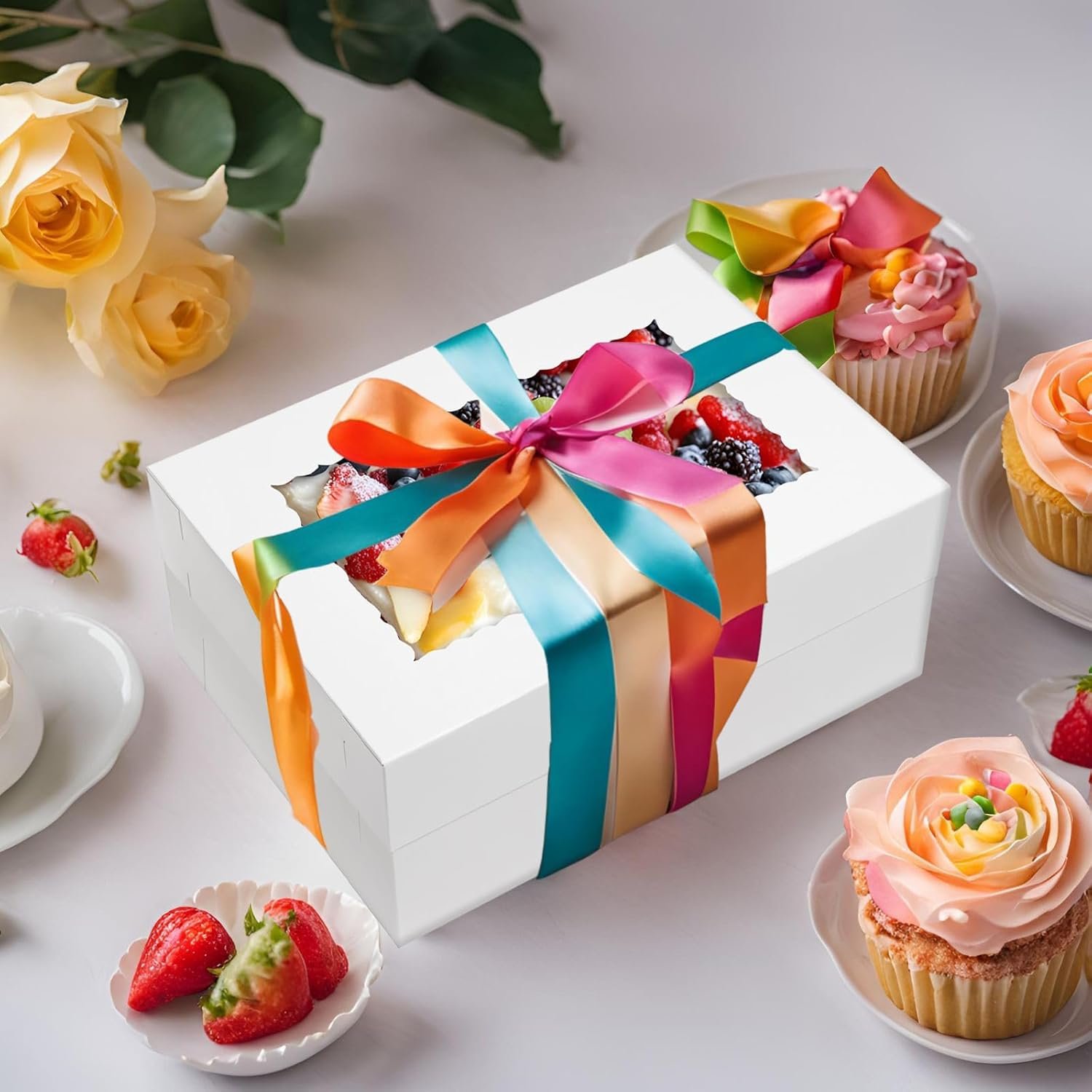 Großhandel 10 Stück 14x10x6 cm Kuchenboxen mit Fenster rechteckige Viertelbogen Bäckereiboxen für Gebäck, Torten, Cupcakes, Donuts, Kekse, Pies – Individuelles Logo, OEM Verpackung in Weiß