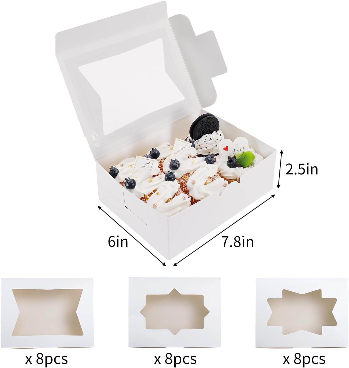 Großhandel 24 Stück Backboxen mit 3 Fensterstilen, 8x6x2,5cm, ideal für Süßigkeiten, Kuchen und Donuts, Hersteller für individuelle Gestaltung und Eigenmarken.