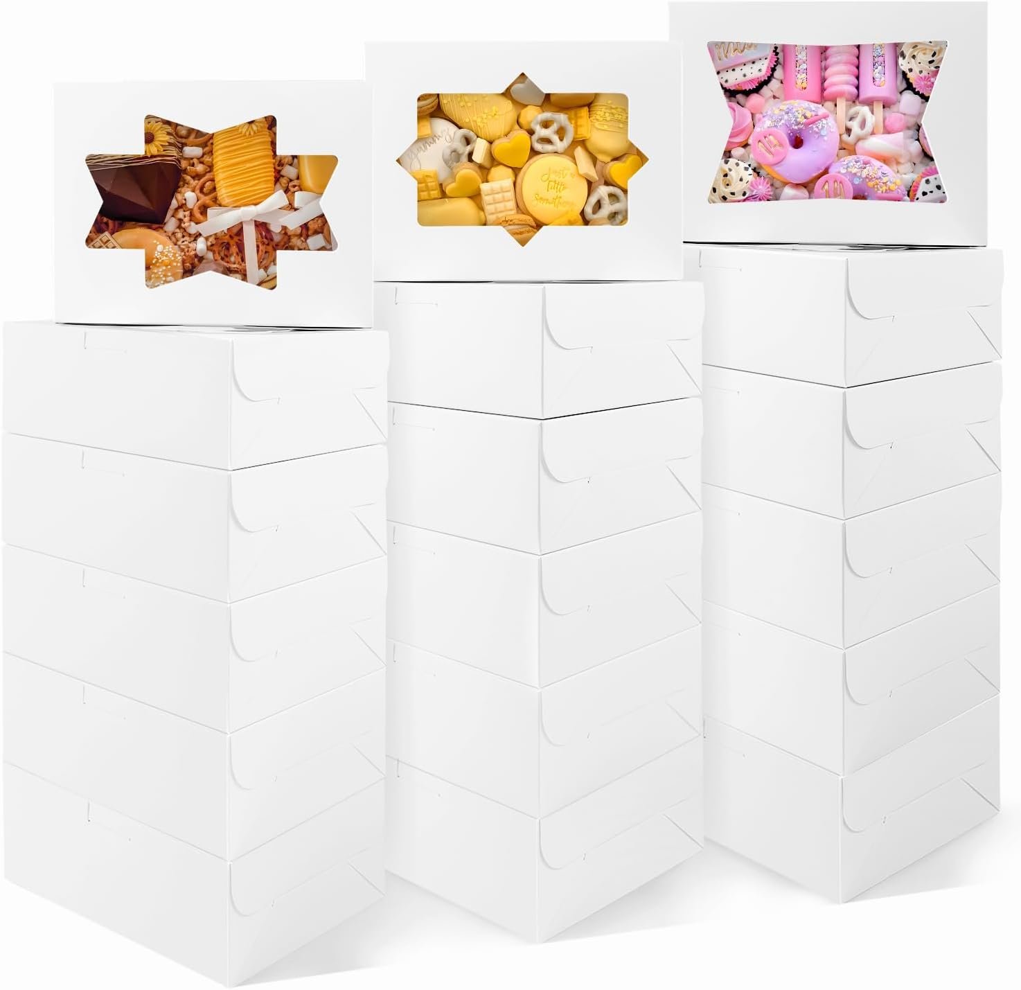 Großhandel 24 Stück Backboxen mit 3 Fensterstilen, 8x6x2,5cm, ideal für Süßigkeiten, Kuchen und Donuts, Hersteller für individuelle Gestaltung und Eigenmarken.