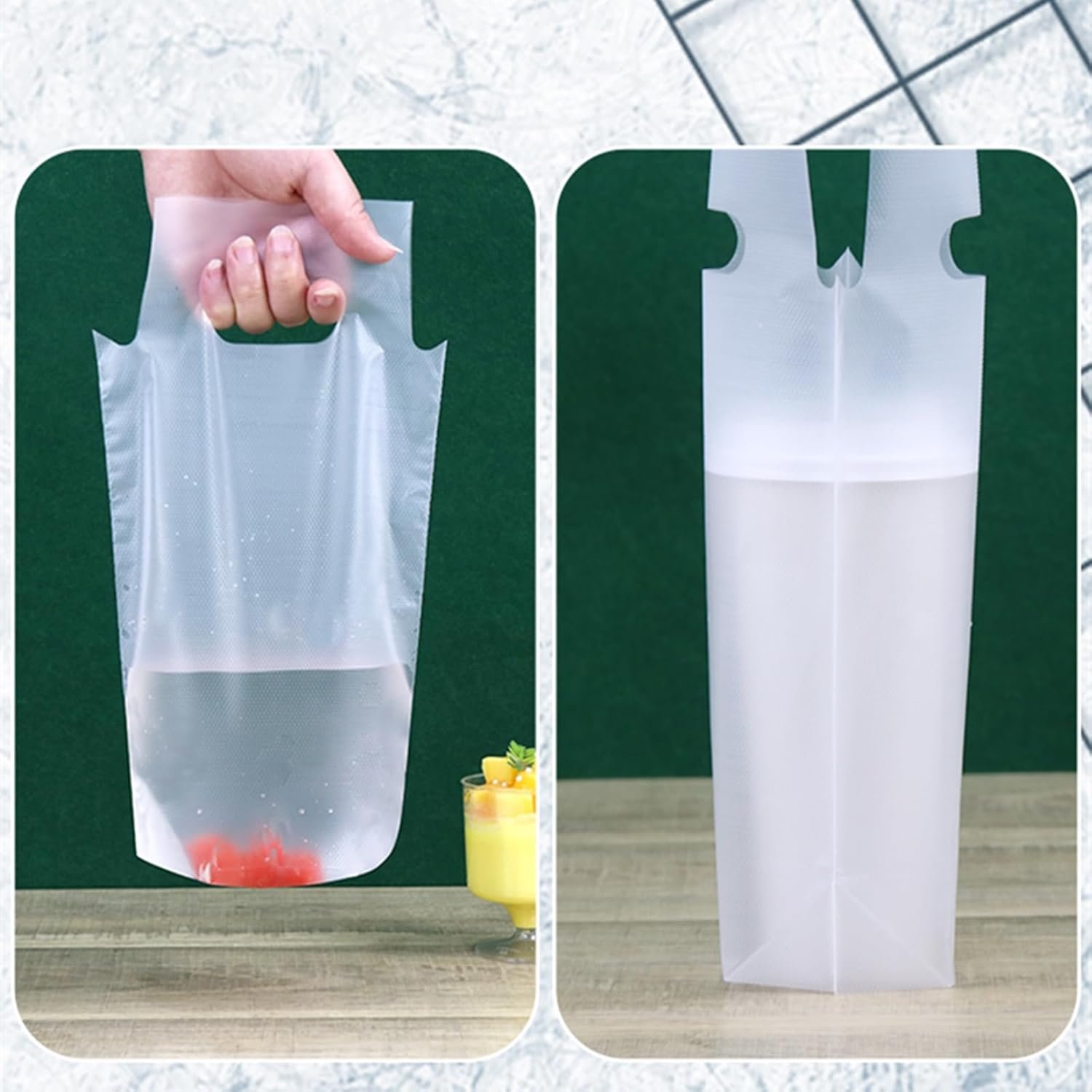 Großhandel 500 Stück Getränketräger für Lieferung, Kunststoff-Trinkbeutel mit Griff, Poly Taschen für 1 Becher To Go klar für Kaffee und Saft, Hersteller von Einzelflaschen Halter für Restaurants, individuelle Logos möglich.