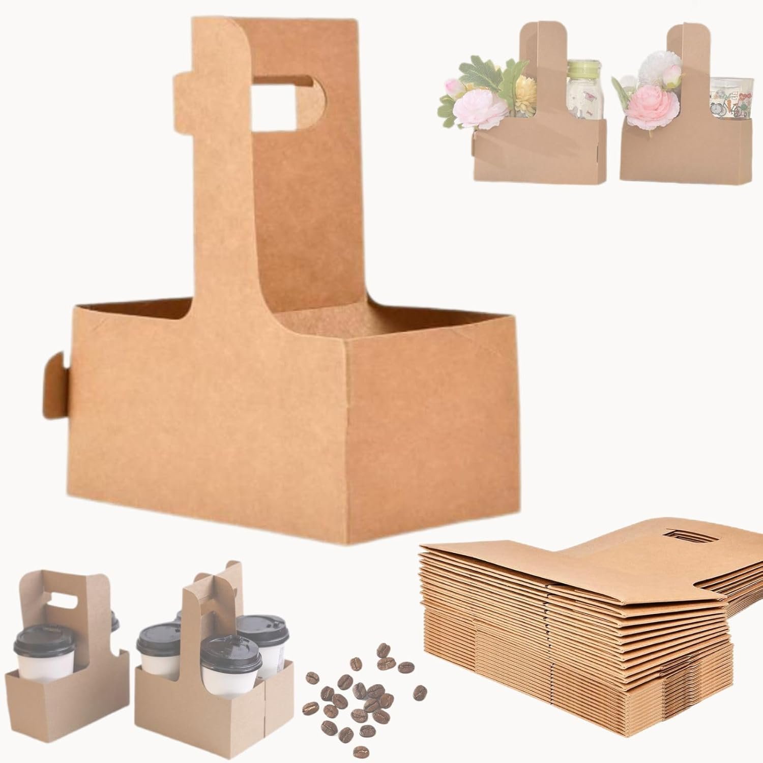 Großhandel 10er Pack 2 Becher Einweg-Trägersystem mit Griff, Kraftpapierschalen für heiße oder kalte Getränke, OEM Becherhalter für Essenslieferdienste, individuelle Logos verfügbar