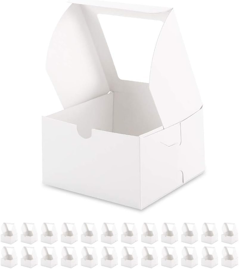 Großhandel 25 weiße Bäckereiboxen mit Fenster, 6x6x4 Zoll, Kuchenboxen für kleine Bäckereien, individuell bedruckbar für eigene Marken, Dessert, Süßigkeiten, Kekse, Gebäck, Partygeschenke, Hochzeitstorte, Lieferant für Großmenge.